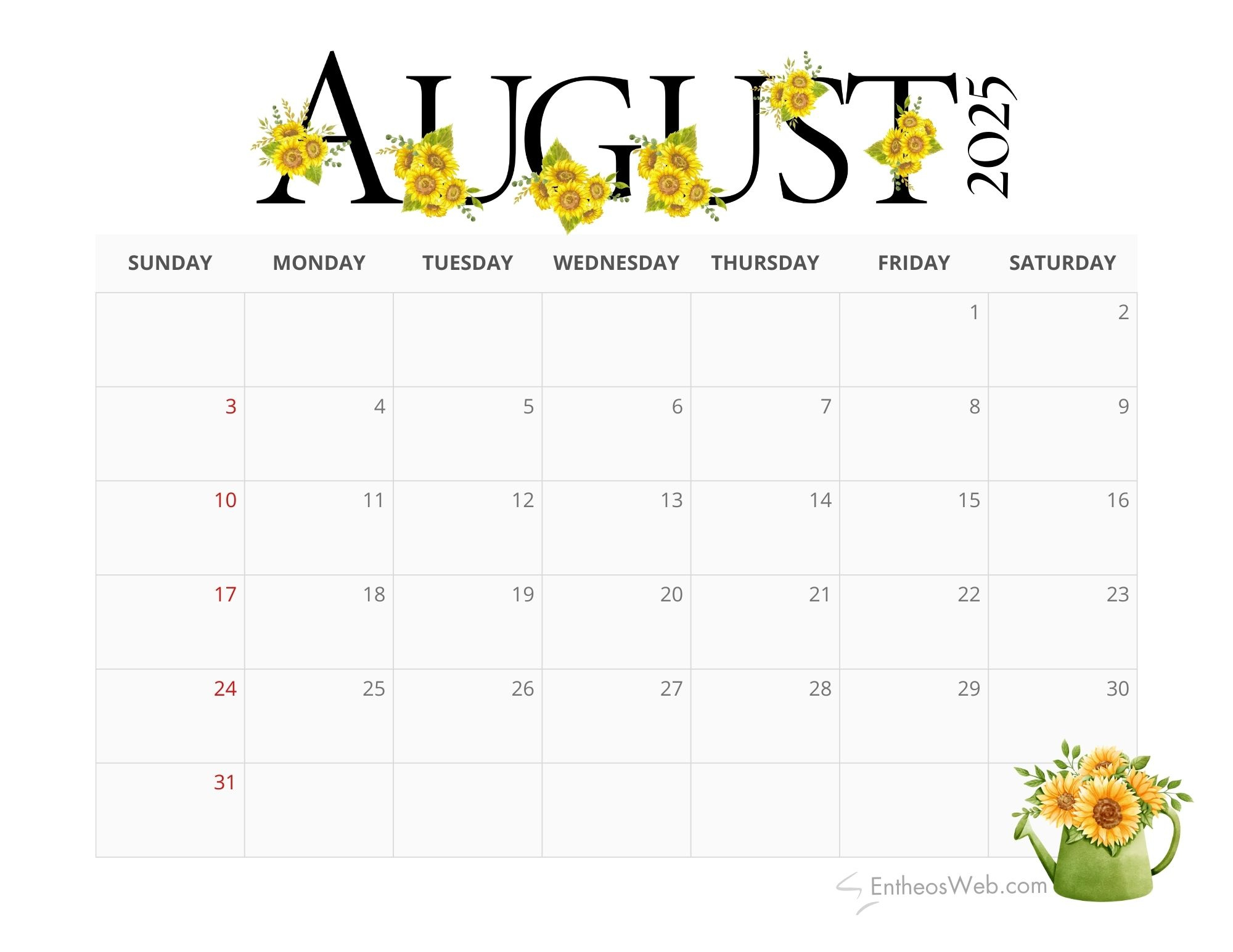 August 2025 Calendar Printables | Entheosweb within Printable Free August Calendar 2025