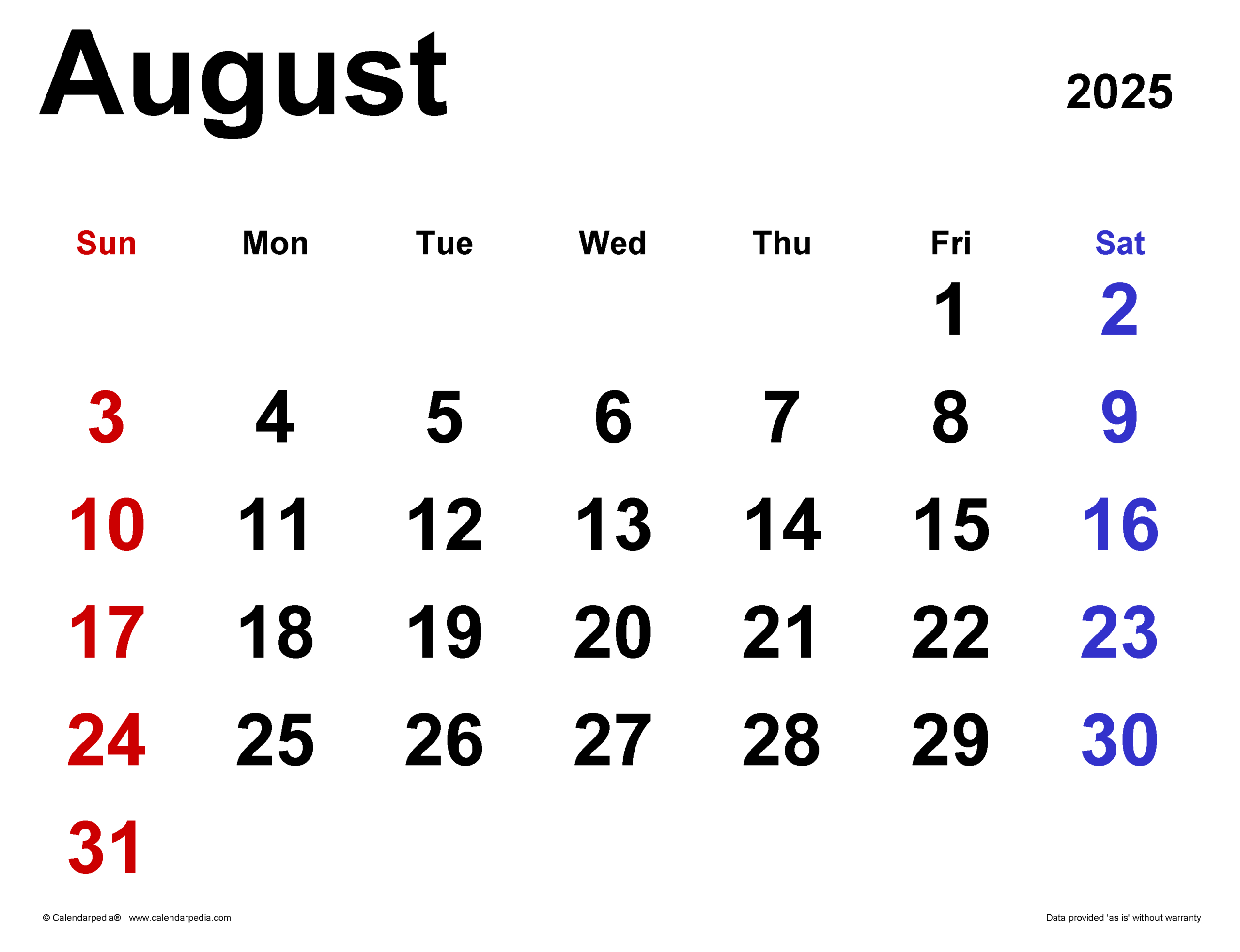 August 2025 Calendar | Templates For Pdf, Excel And Word throughout August 6Th 2025 Calendar