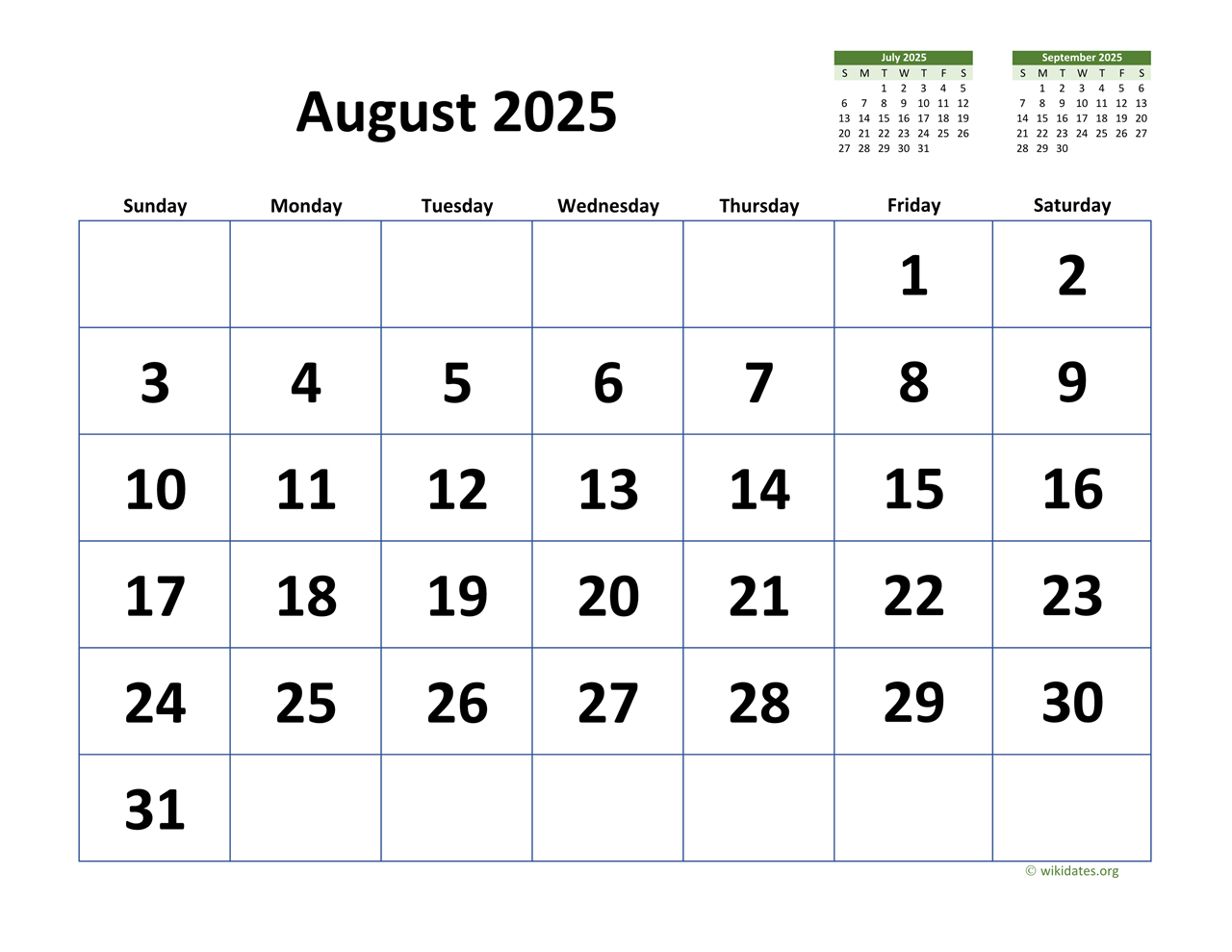 August 2025 Calendar With Extra-Large Dates | Wikidates with regard to August 2 2025 Calendar