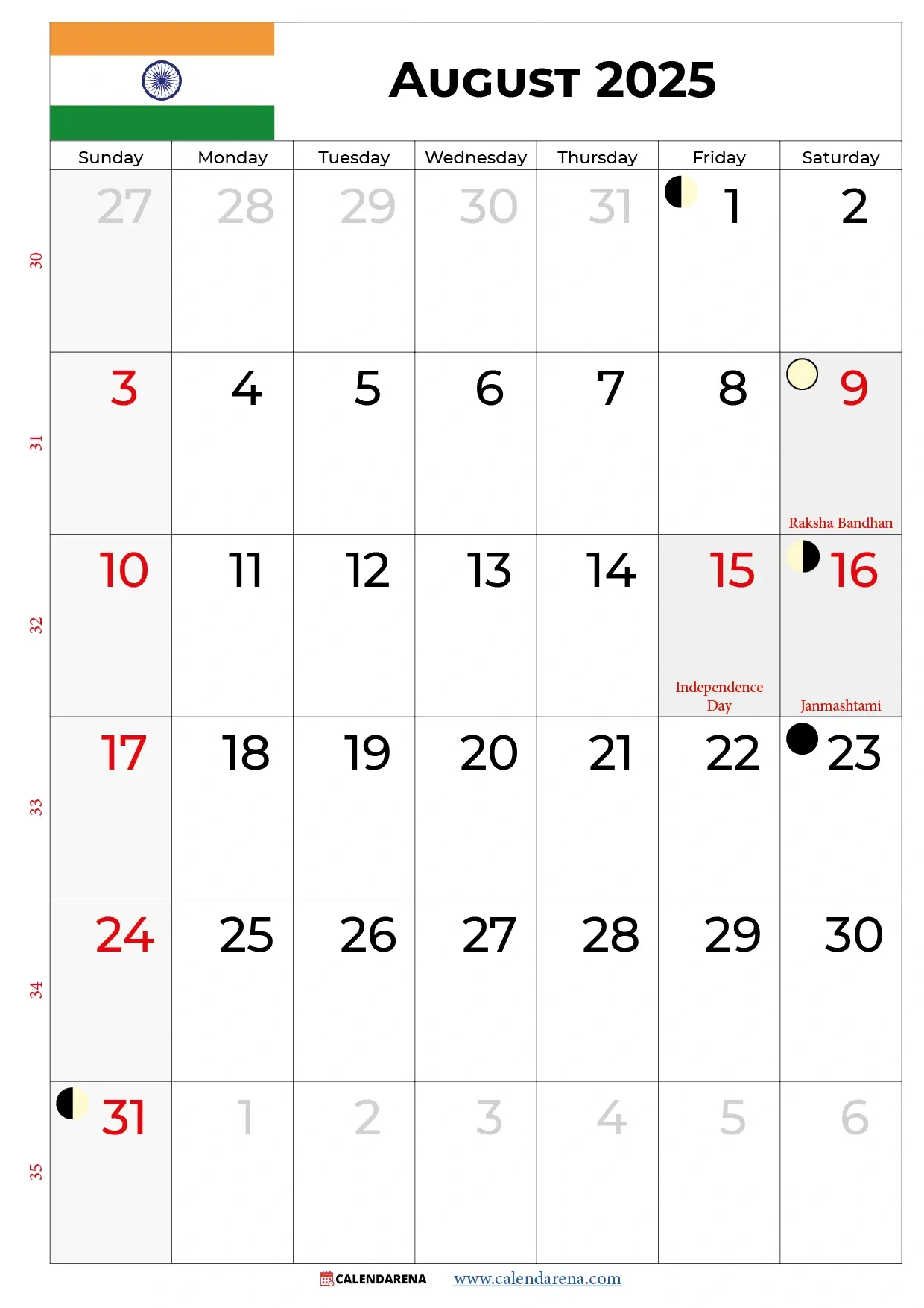 August 2025 Calendar With Holidays India in Holiday Calendar For August 2025