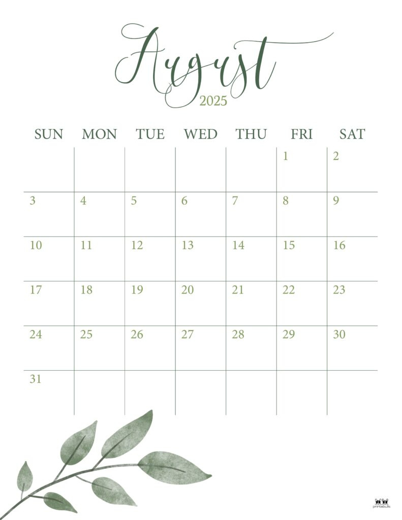 August 2025 Calendars - 107 Free Printables | Printabulls inside August 2025 Calendar Portrait