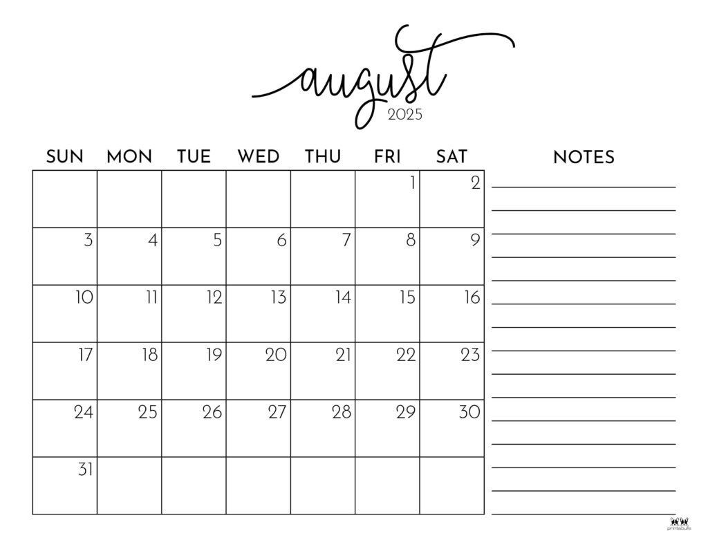 August 2025 Calendars - 107 Free Printables | Printabulls intended for August 2025 Calendar With Notes