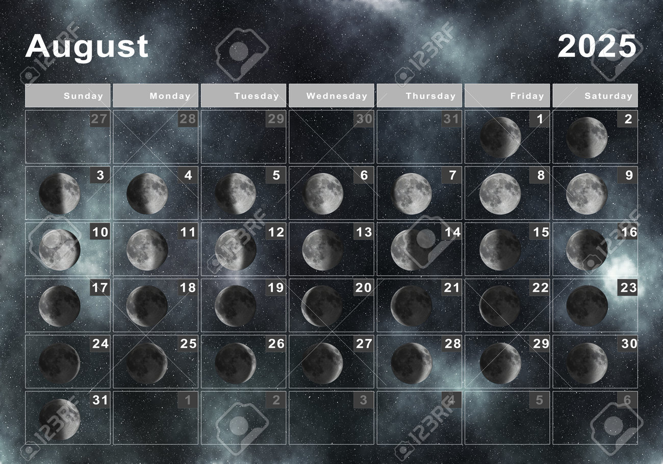 August 2025 Lunar Calendar, Moon Cycles, Moon Phases Stock Photo inside August Moon Calendar 2025