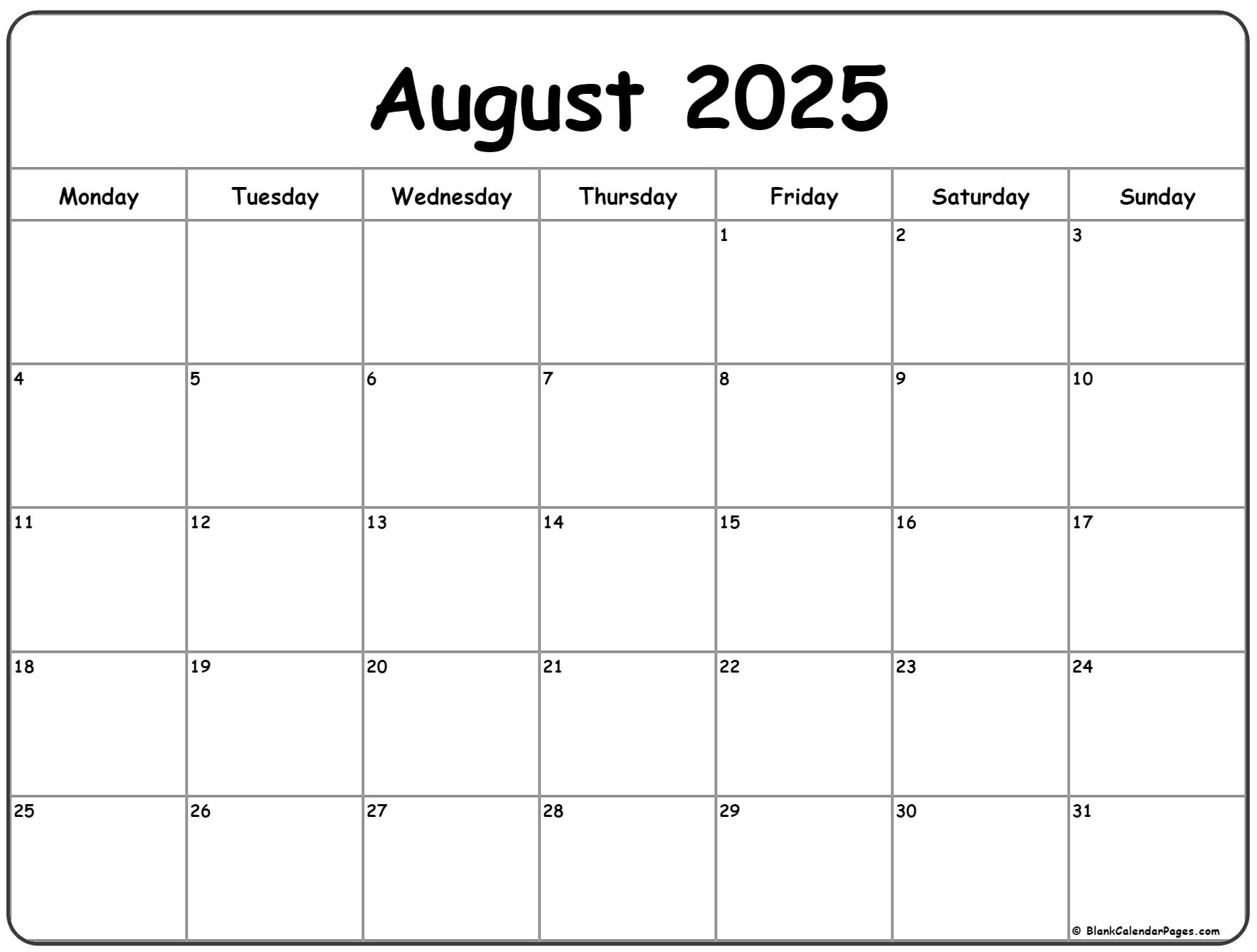 August 2025 Monday Calendar | Monday To Sunday pertaining to August 2025 Calendar Monday Start