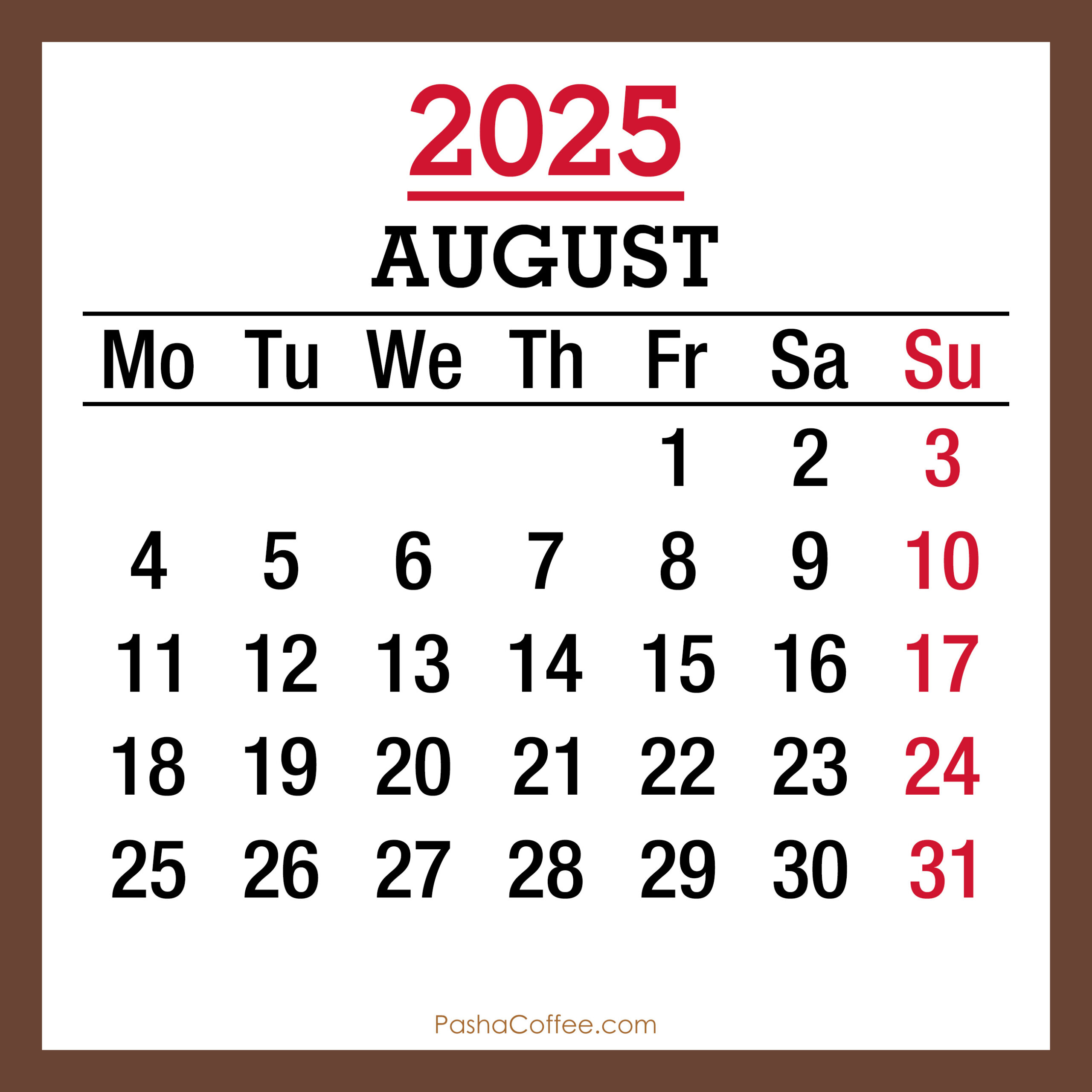 August 2025 Monthly Calendar, Printable Free, Brown, Monday Start within August 2025 Calendar Monday Start