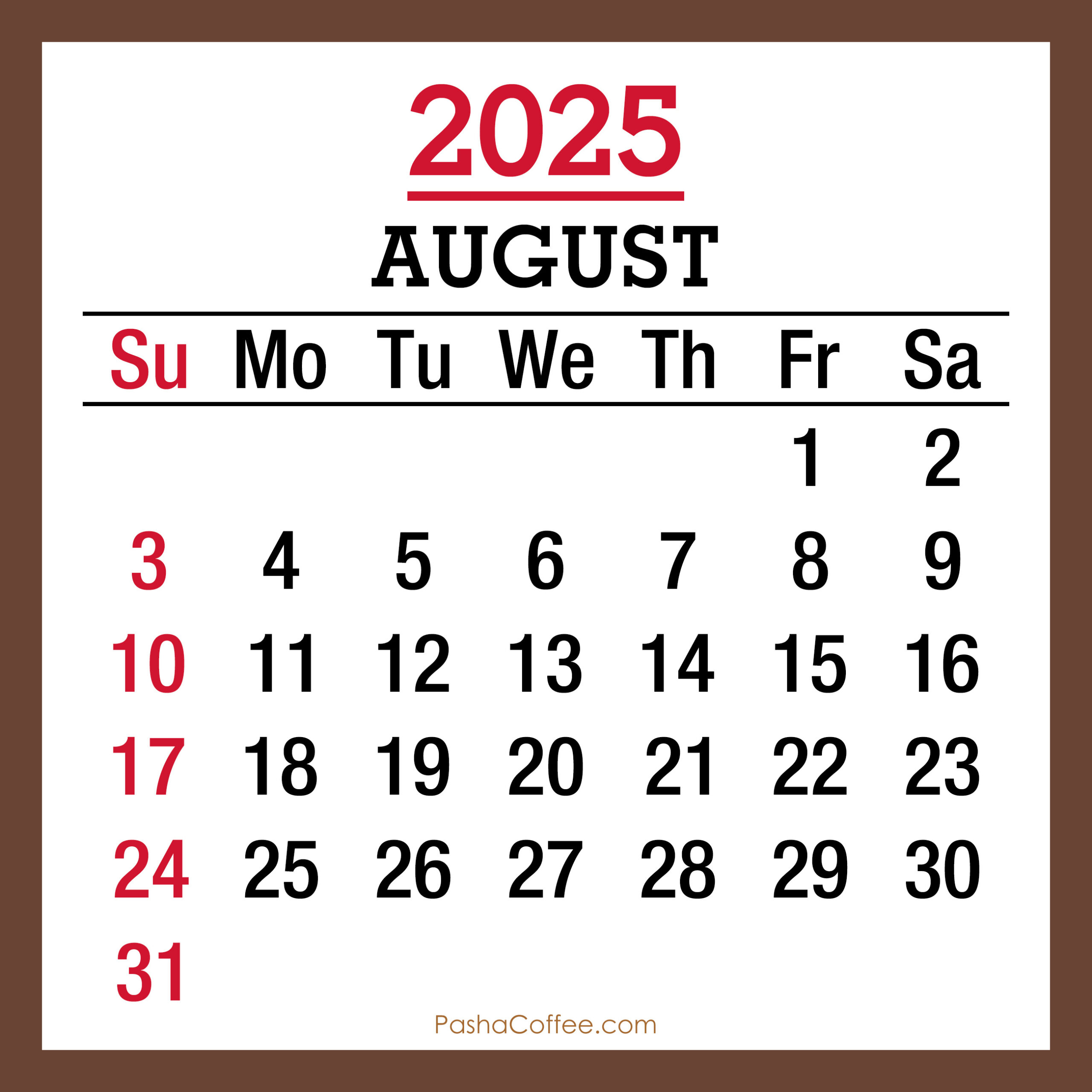 August 2025 Monthly Calendar, Printable Free, Brown, Sunday Start inside August 24Th 2025 Calendar