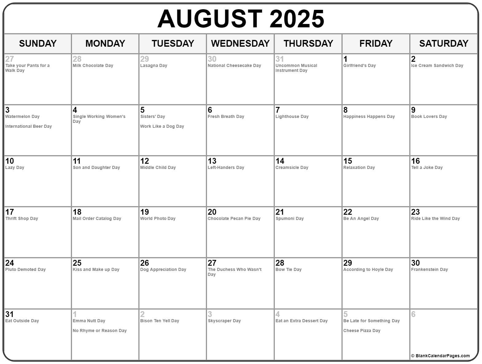 August 2025 With Holidays Calendar intended for August National Day Calendar 2025