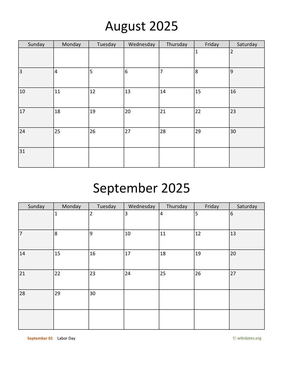 August And September 2025 Calendar | Wikidates intended for August September 2025 Calendar With Holidays