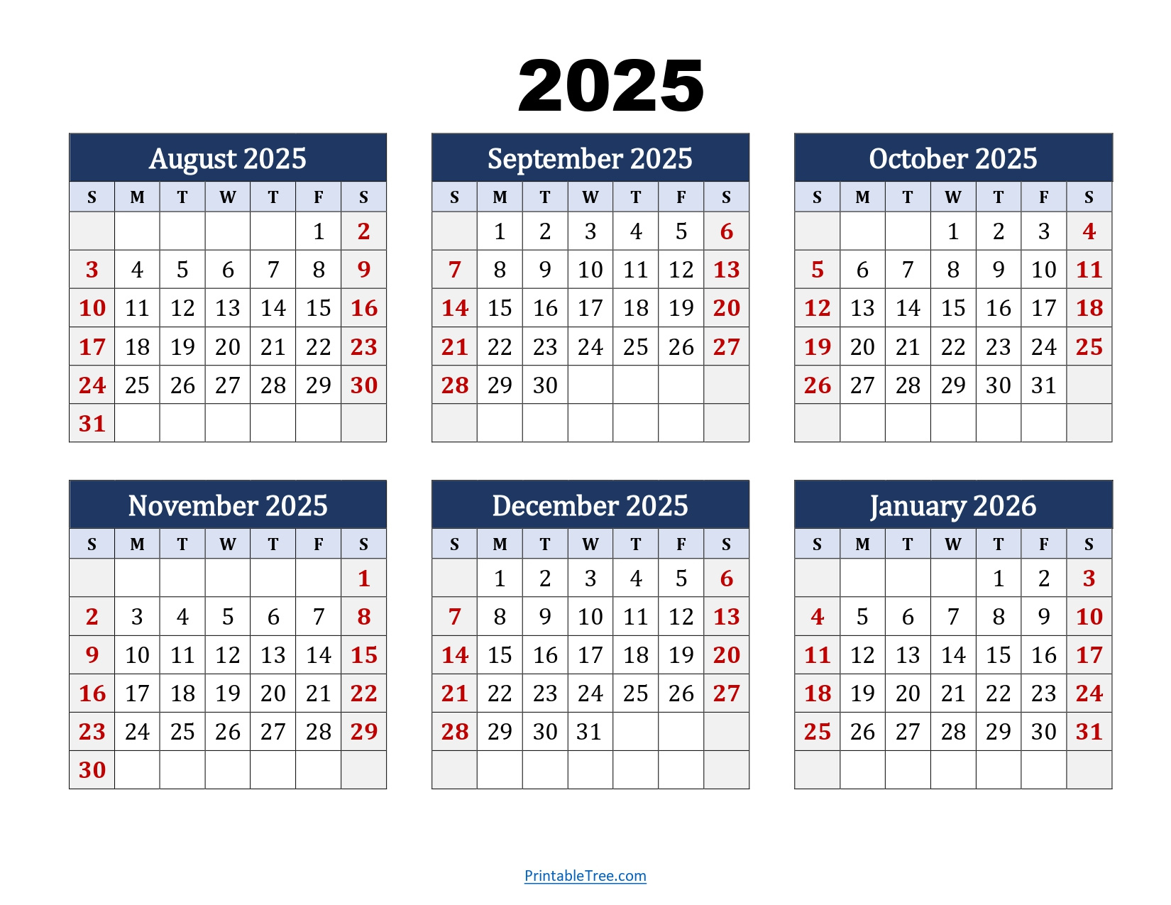 August To January 2026 Calendar Printable Pdf | Six Months Calendar throughout Calendar August 2025 To June 2026