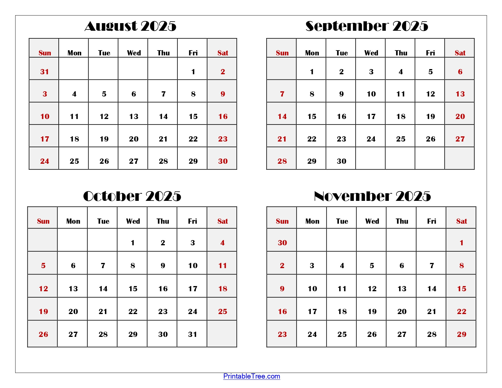August To November 2025 Calendar Printable Pdf | Four Months Calendar within August September October November 2025 Calendar