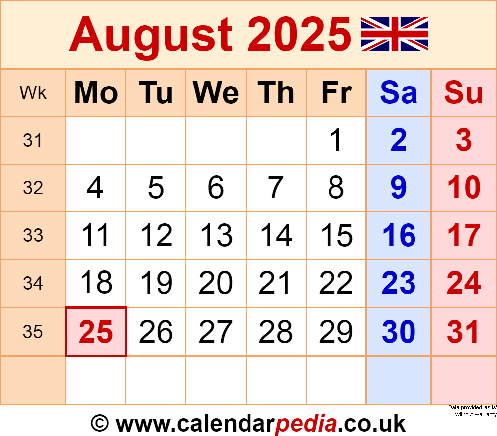 Calendar August 2025 Uk With Pdf, Excel And Word Templates with August 7 2025 Calendar