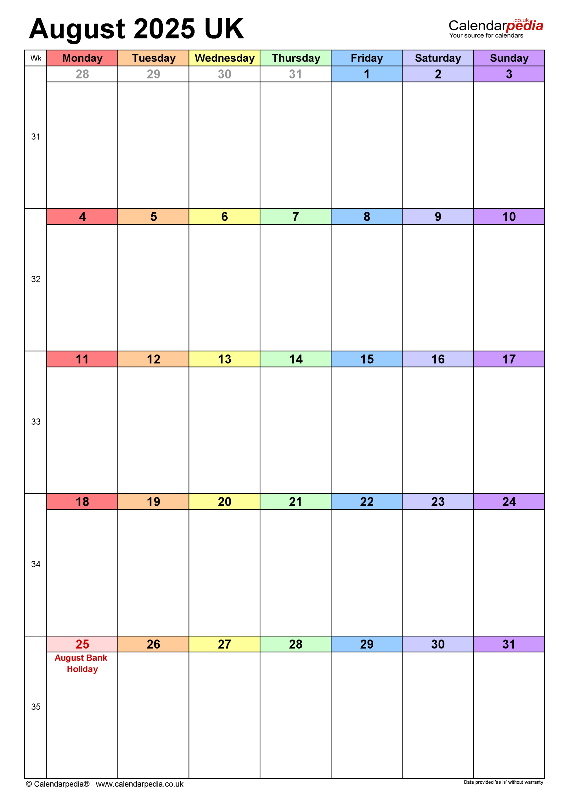 Calendar August 2025 Uk With Pdf, Excel And Word Templates with regard to August 2025 Calendar Printable Word
