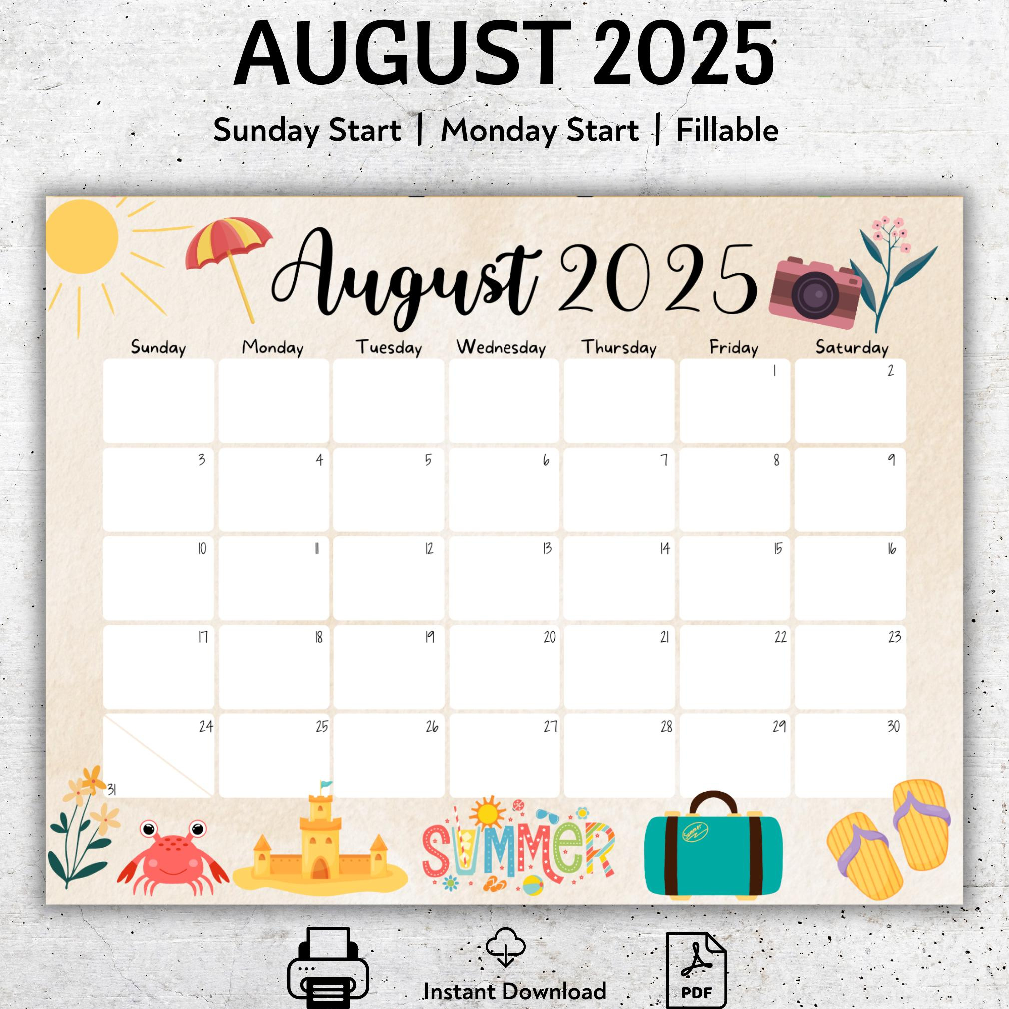 Editable August 2025 Calendar, Printable Vacation Planner within Editable Calendar August 2025