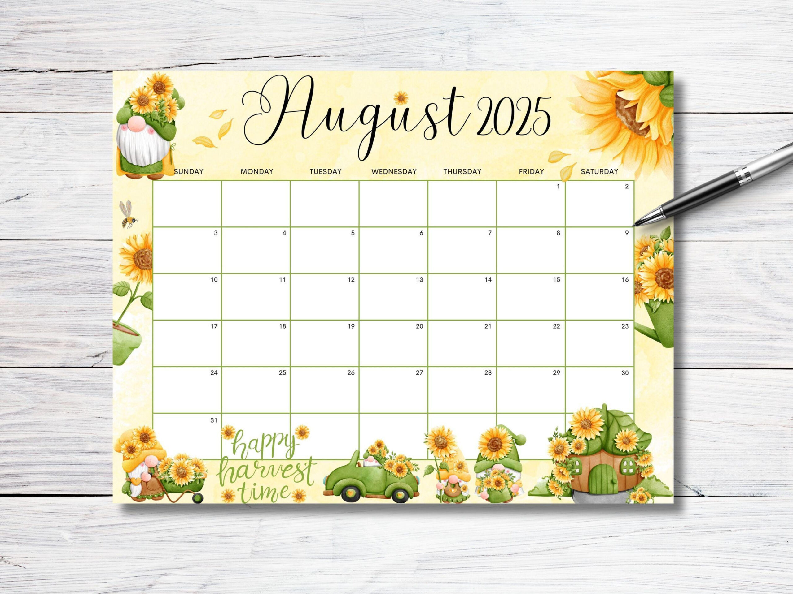 Editable August 2025 Calendar, Sunflower Gnome Garden Planner for August 2025 Calendar Editable