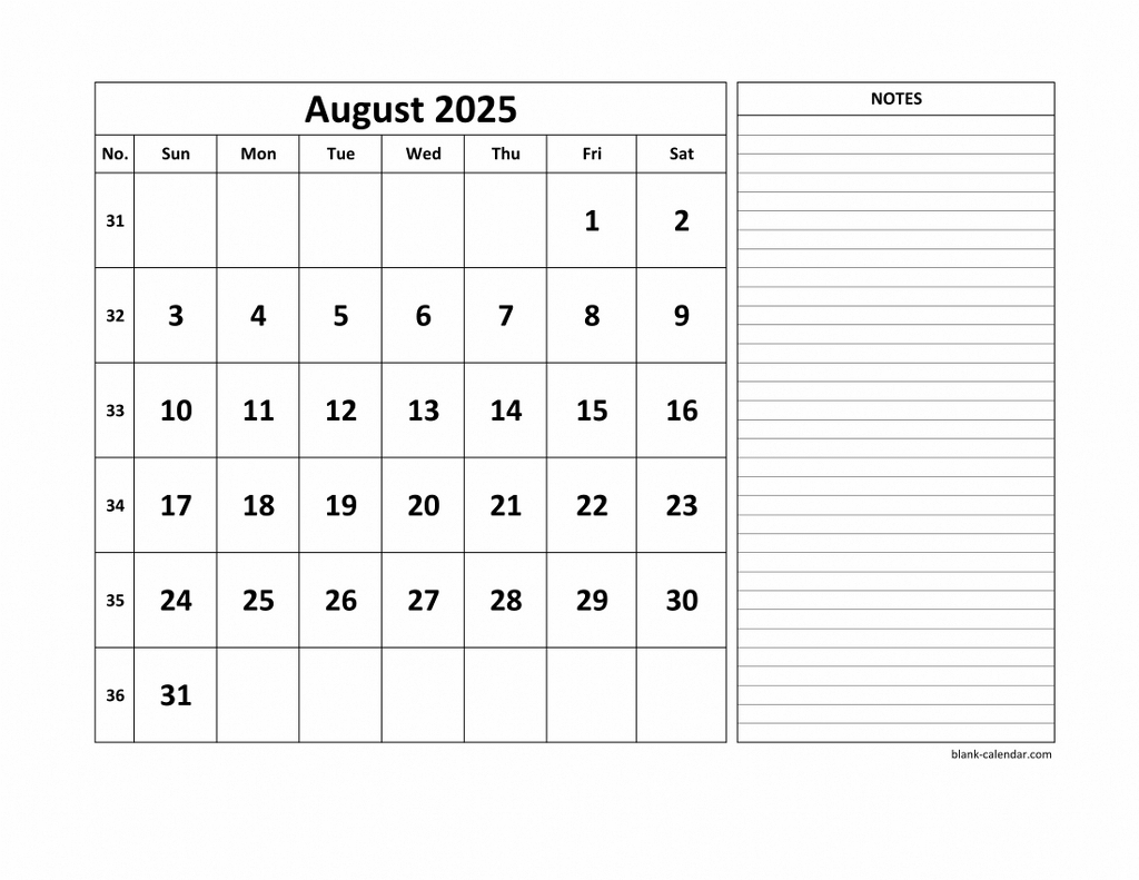 Free Download Printable August 2025 Calendar, Large Space For intended for August Calendar 2025 With Notes Printable