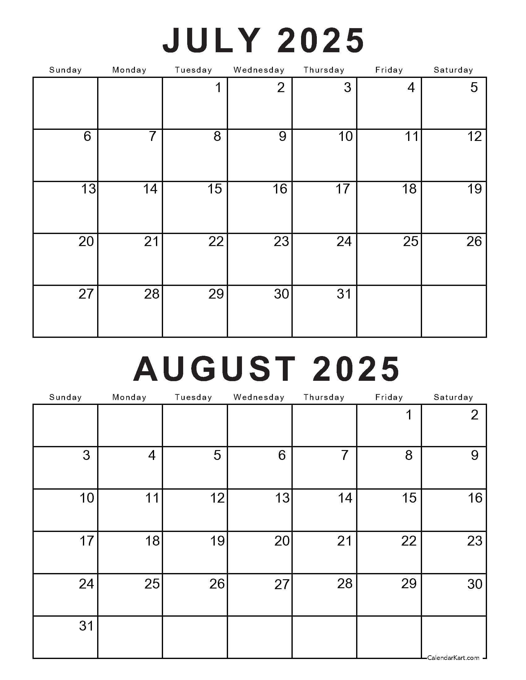 Free Printable July August 2025 Calendar | Calendarkart with August 7 2025 Calendar