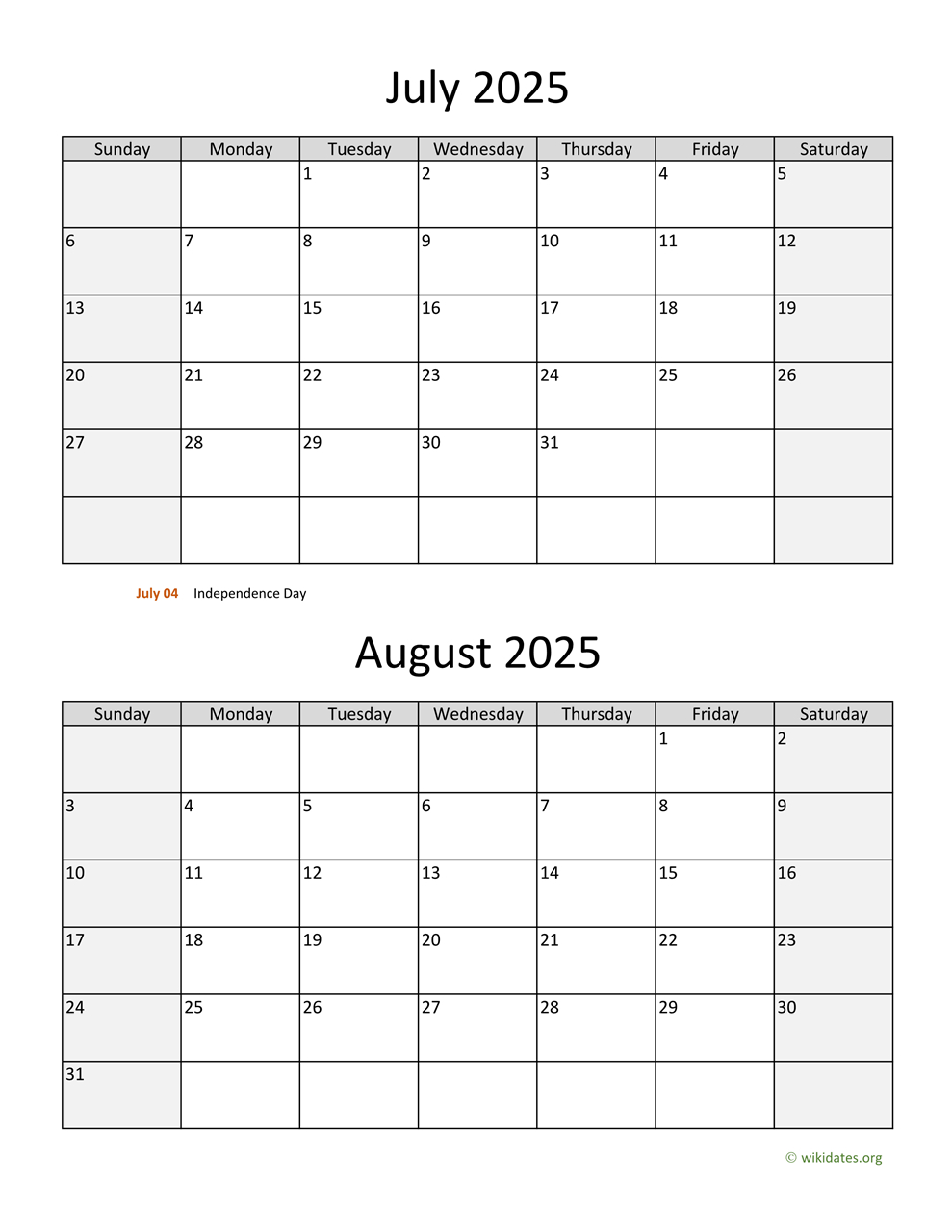 July And August 2025 Calendar | Wikidates inside Calendar 2025 July August