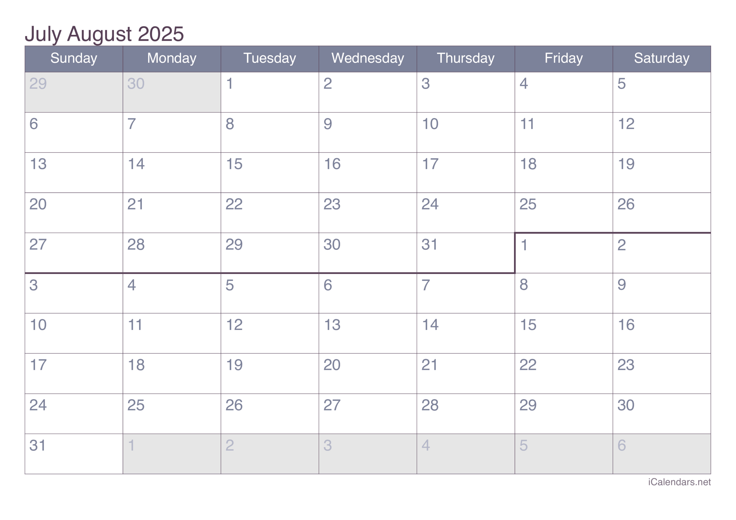 July And August 2025 Printable Calendar pertaining to Calendar 2025 July August