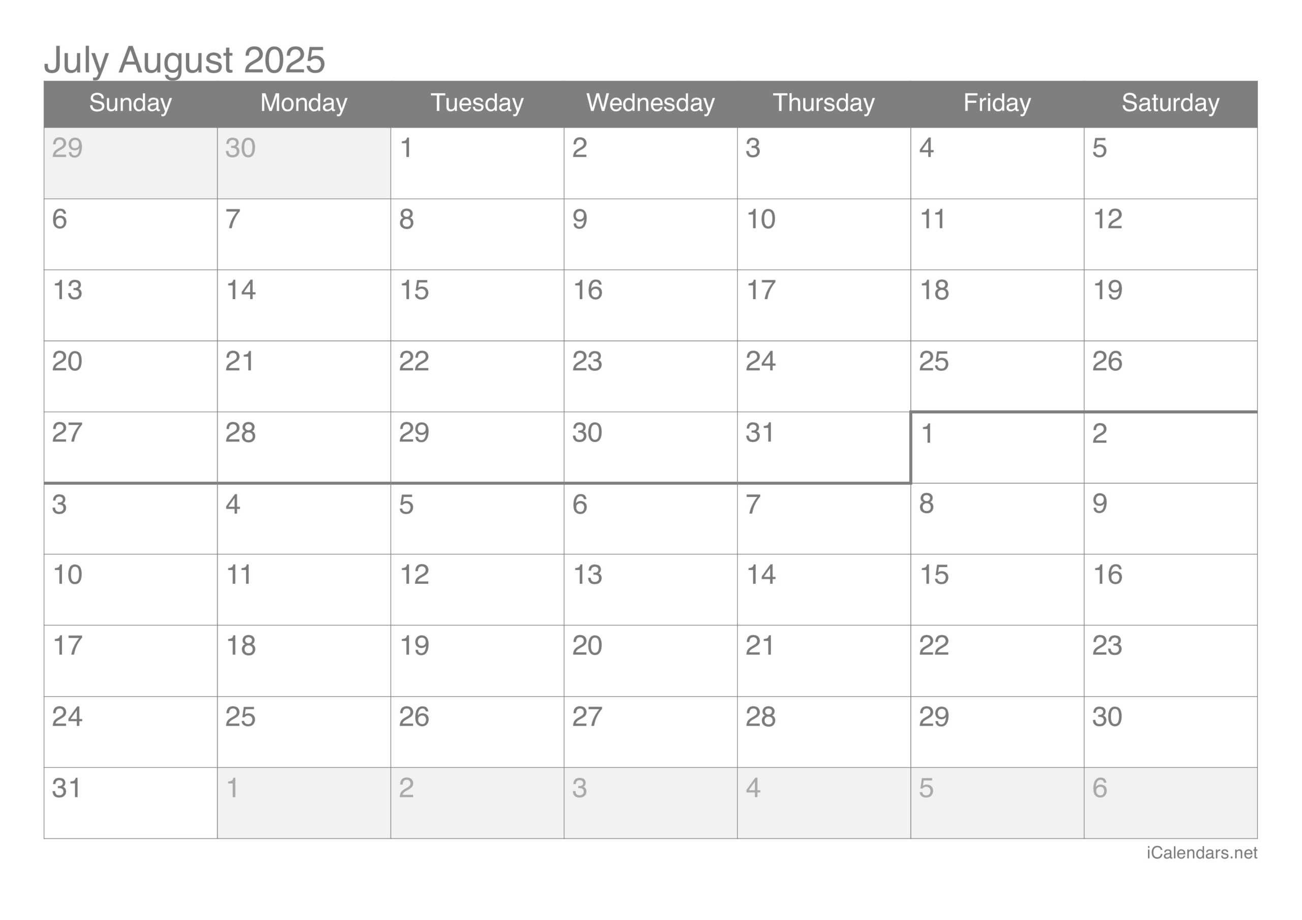 July And August 2025 Printable Calendar with August 2025 To August 2025 Calendar