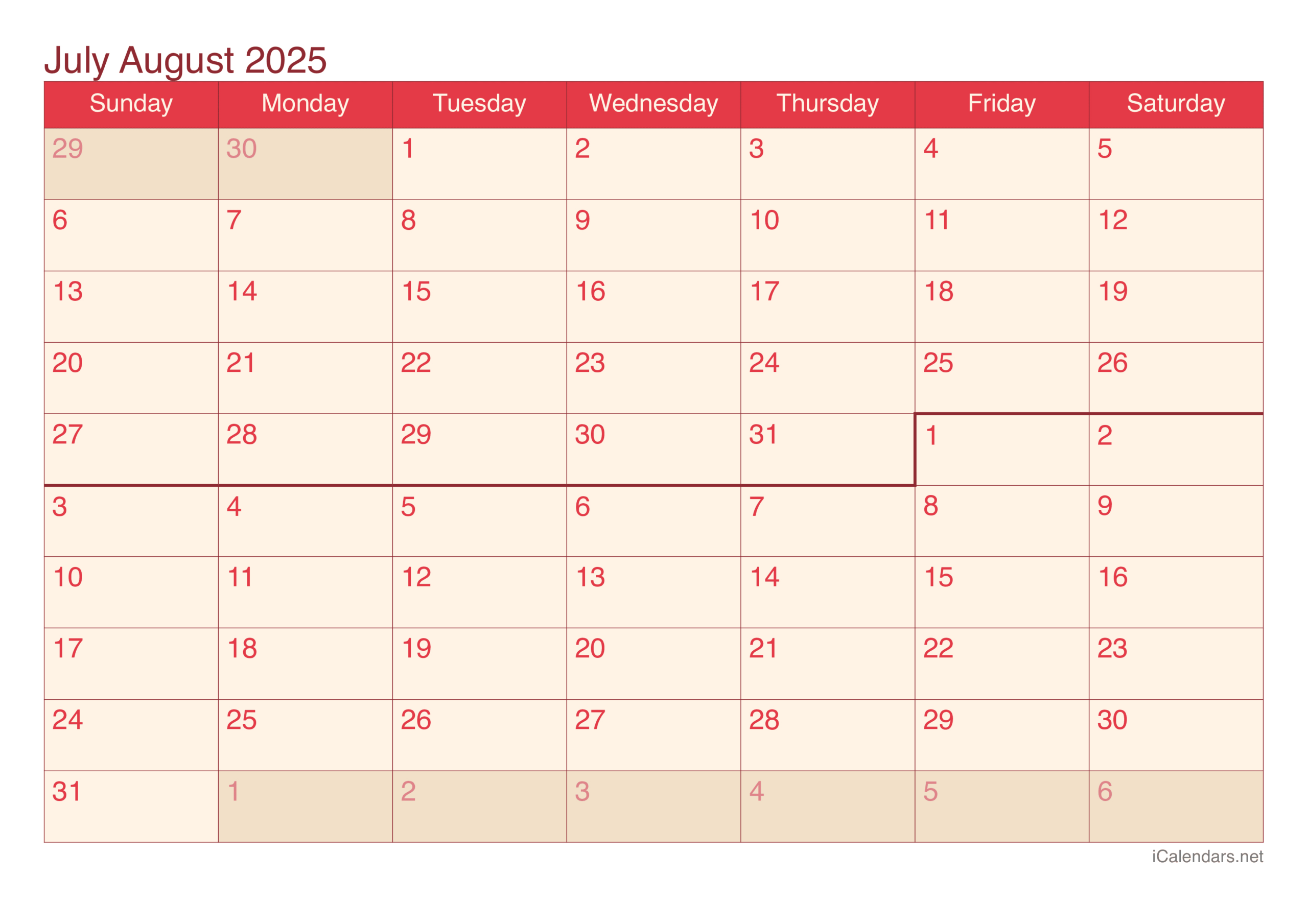 July And August 2025 Printable Calendar within July August Calendar 2025 Printable