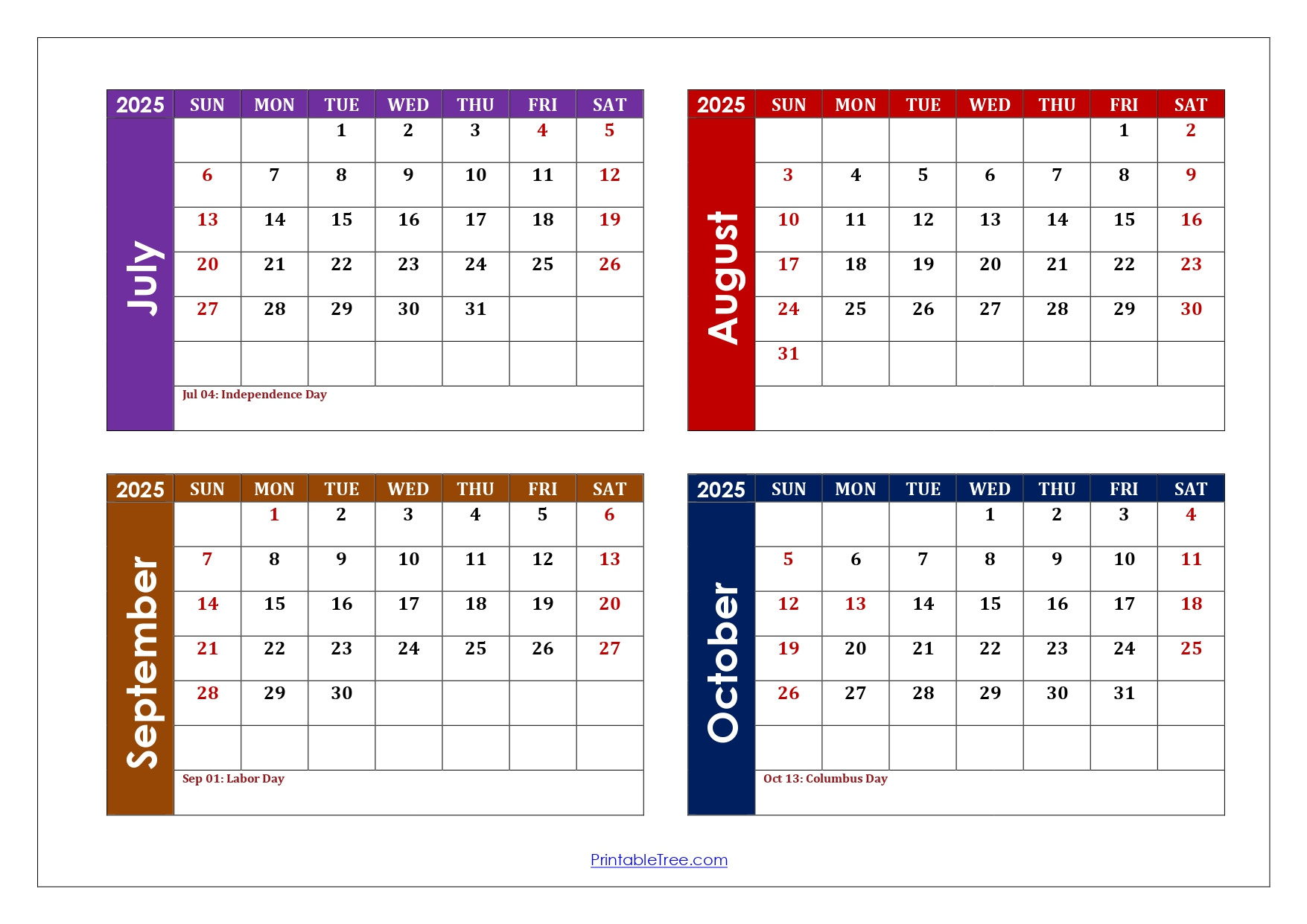 July To October 2025 Calendar Printable Pdf | Four Months Calendar for August To October Calendar 2025