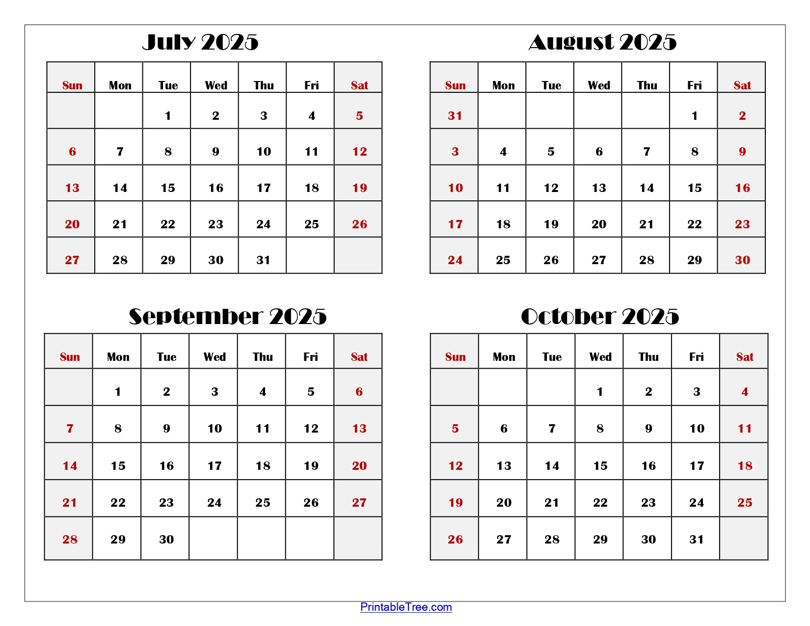July To October 2025 Calendar Printable Pdf | Four Months Calendar with August Through October 2025 Calendar