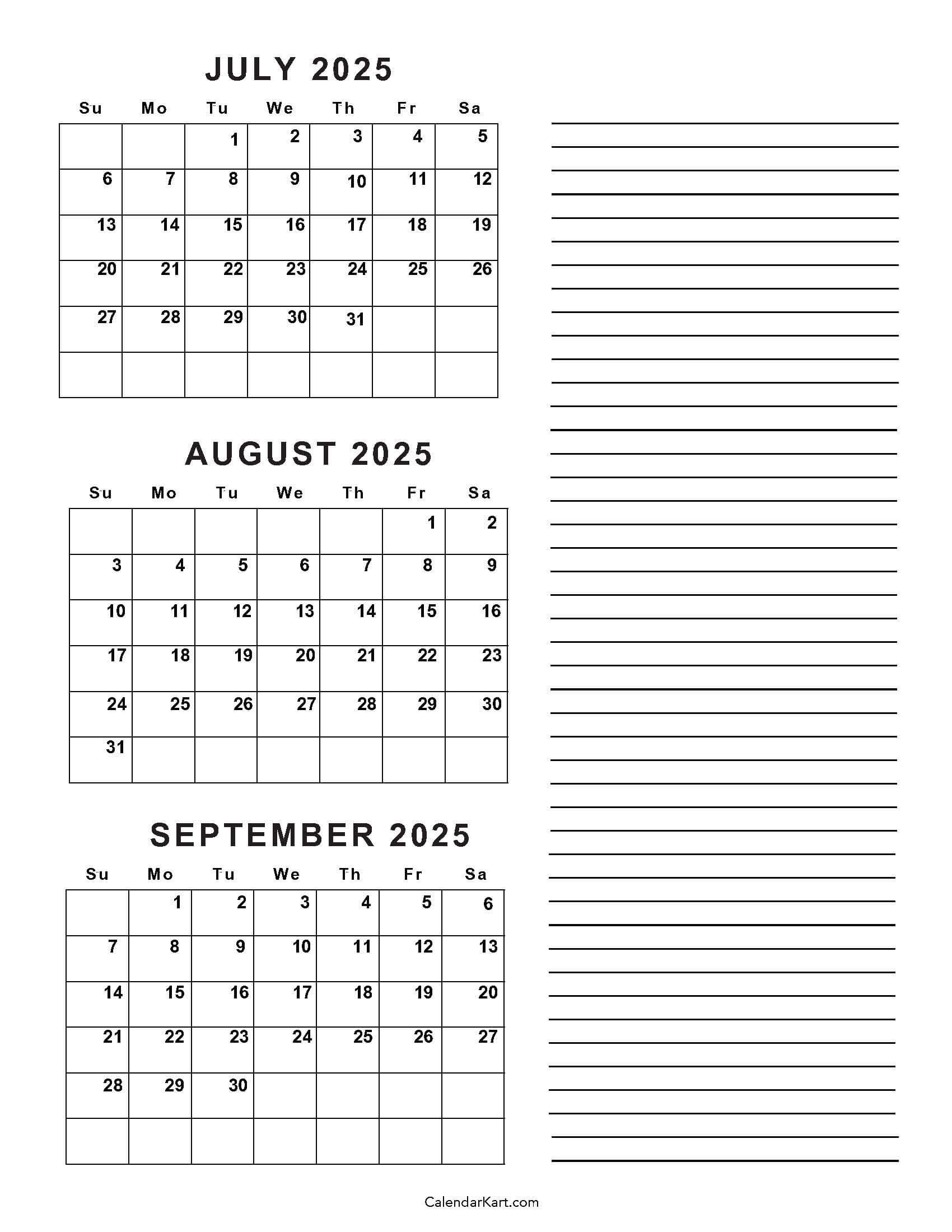 July To September 2025 Calendar (Q3) - Calendarkart throughout Printable Calendar July August September 2025