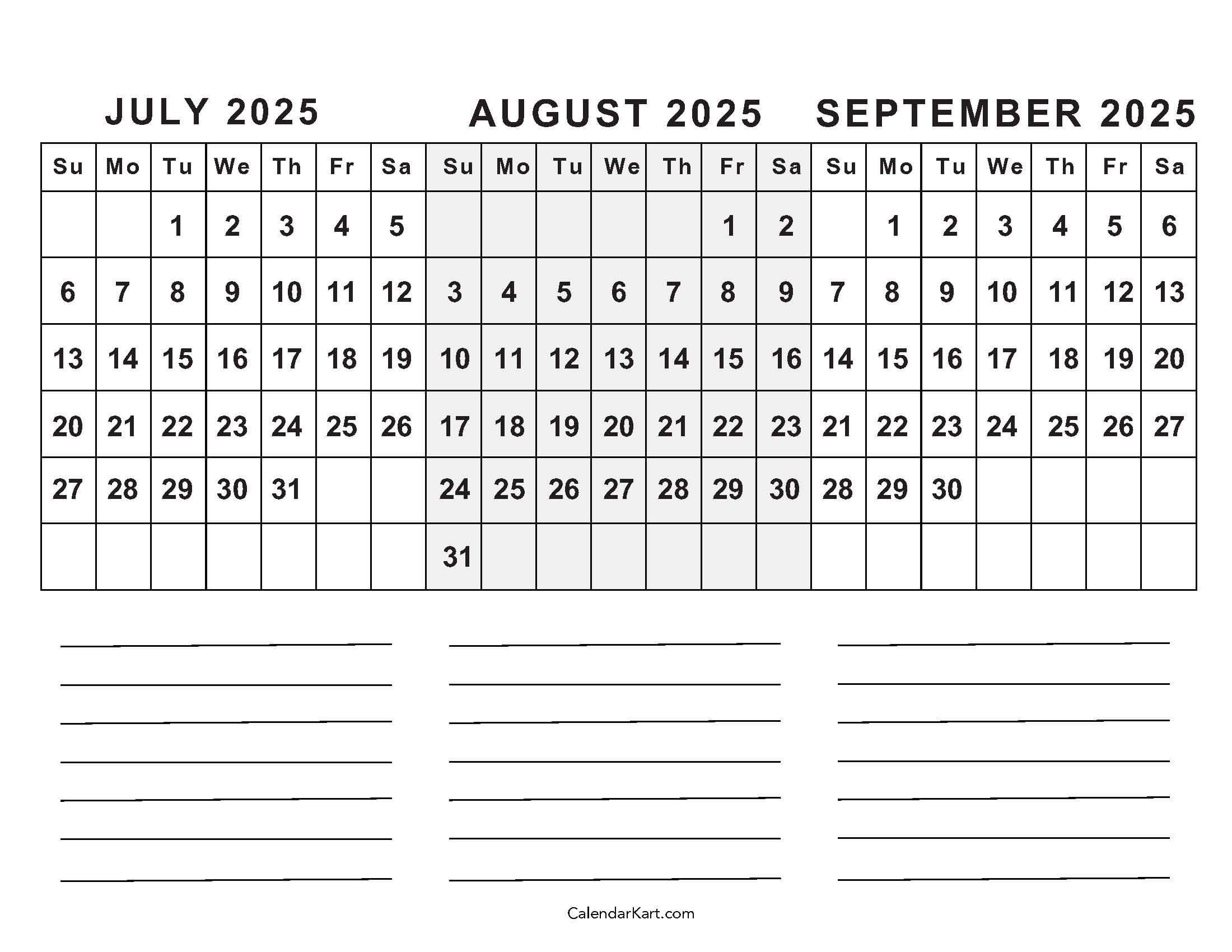 July To September 2025 Calendar (Q3) - Calendarkart with regard to Printable Calendar July August September 2025