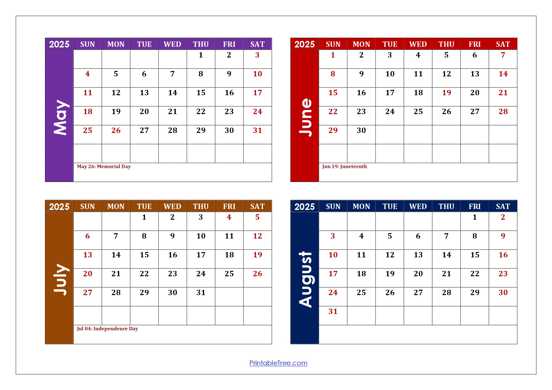 May To August 2025 Calendar Printable Pdf | Four Months Calendar with August 2025 - May 2026 Calendar