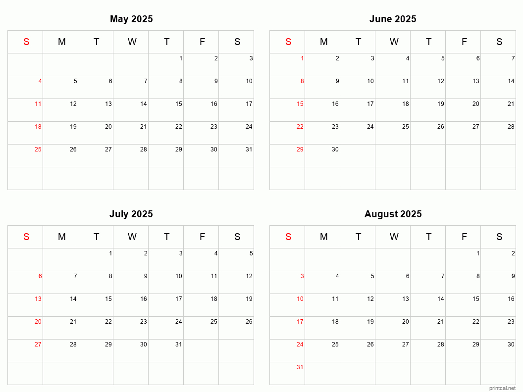 May To August 2025 Printable Calendar | Four Months Per Page throughout May To August 2025 Calendar