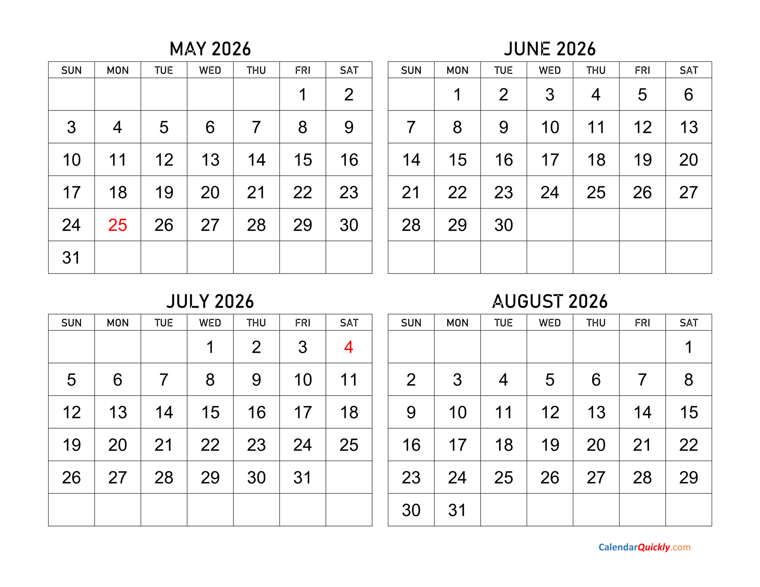 May To August 2026 Calendar | Calendar Quickly within August 2025 May 2026 Calendar