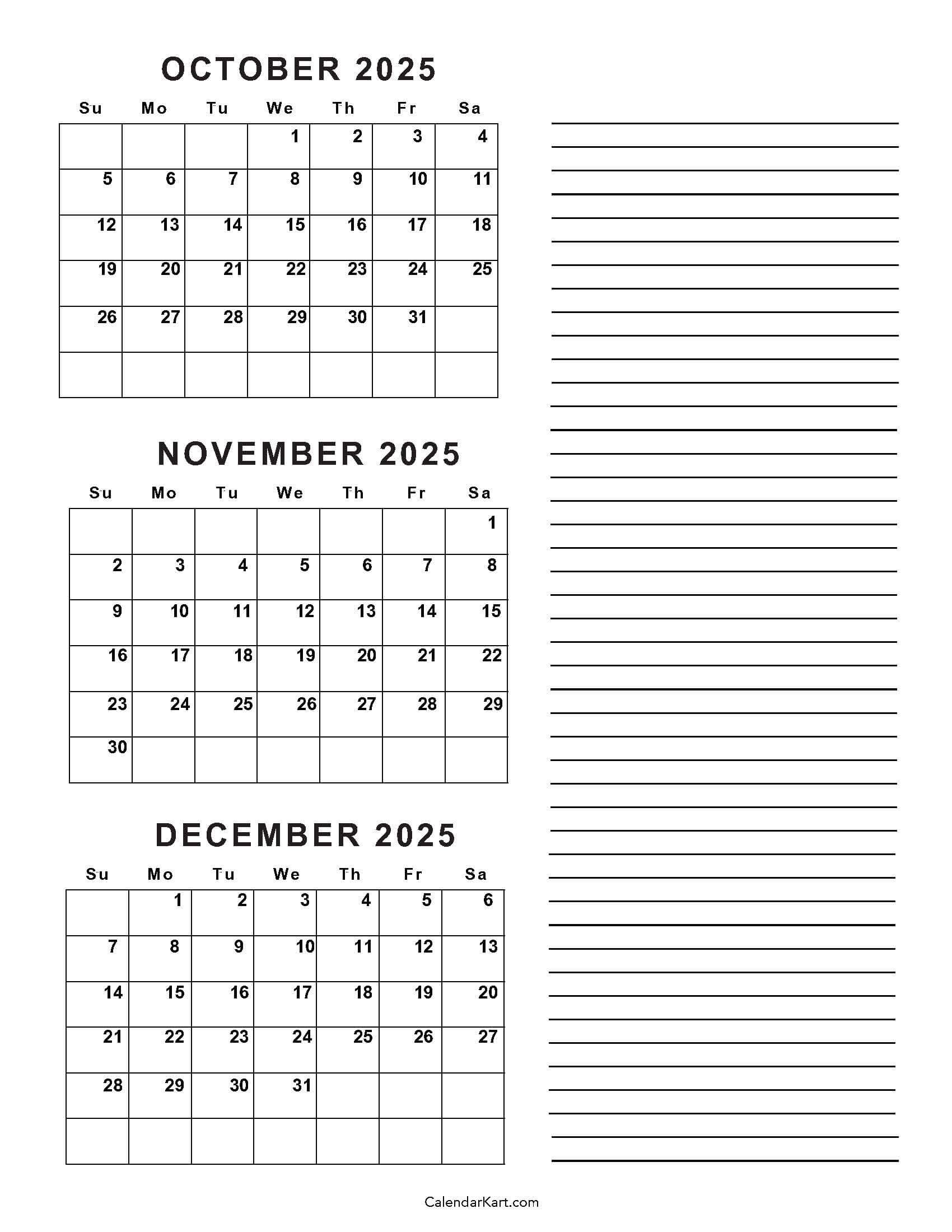 October To December 2025 Calendar (Q4) - Calendarkart with August September October November December 2025 Calendar