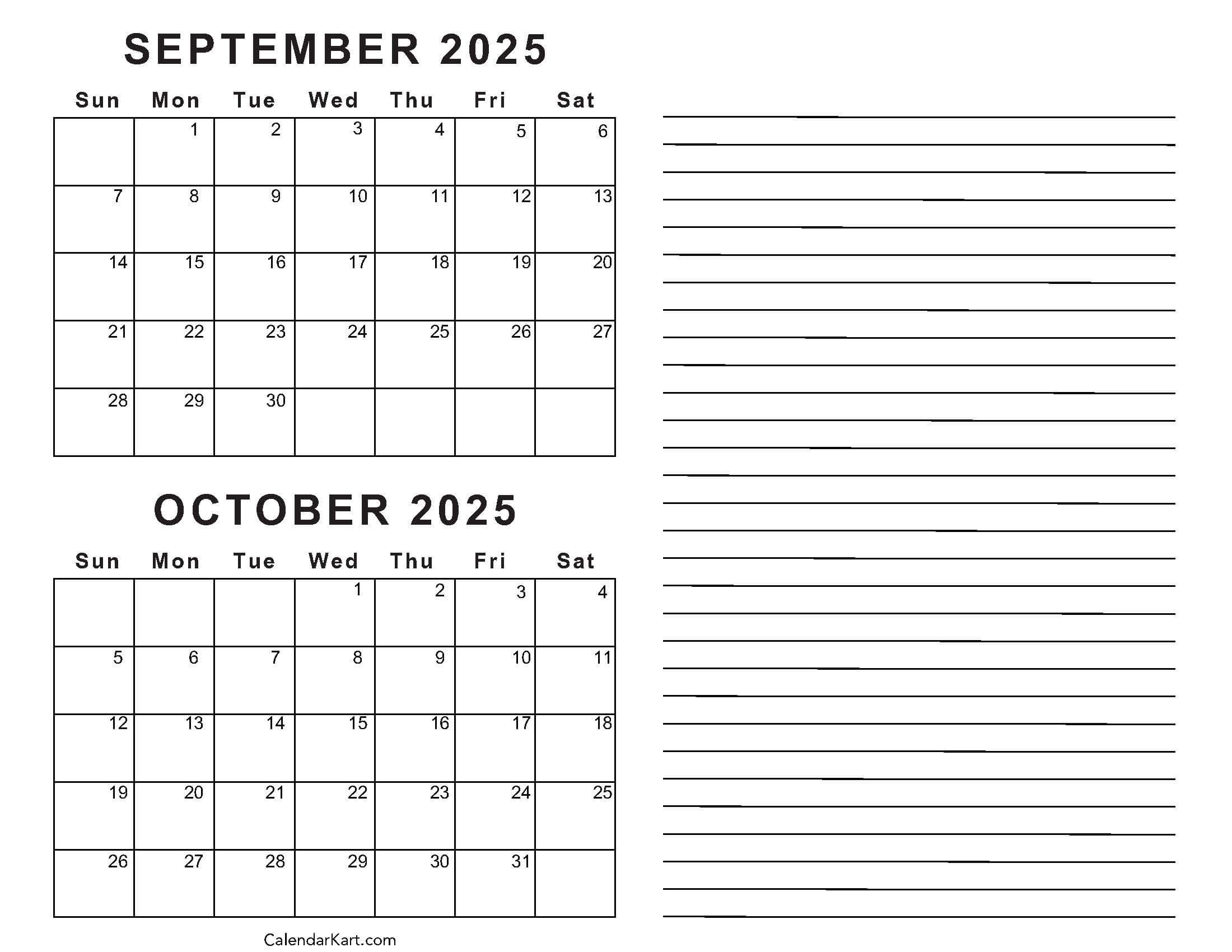 Printable September October 2025 Calendar | Calendarkart in August September October 2025 Calendar