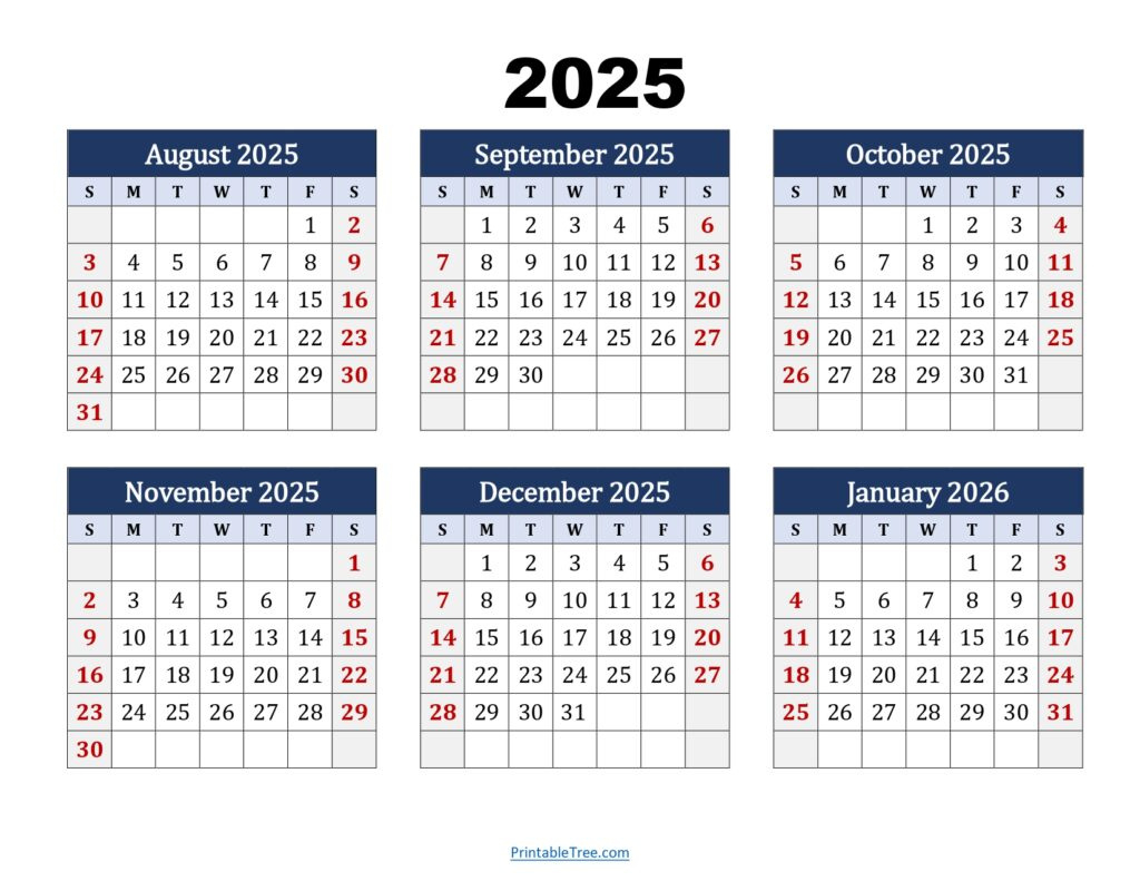 Six Month Calendar 2024-2025 Printable Pdf- 6 Months Calendar with August 2025 - July 2026 Calendar