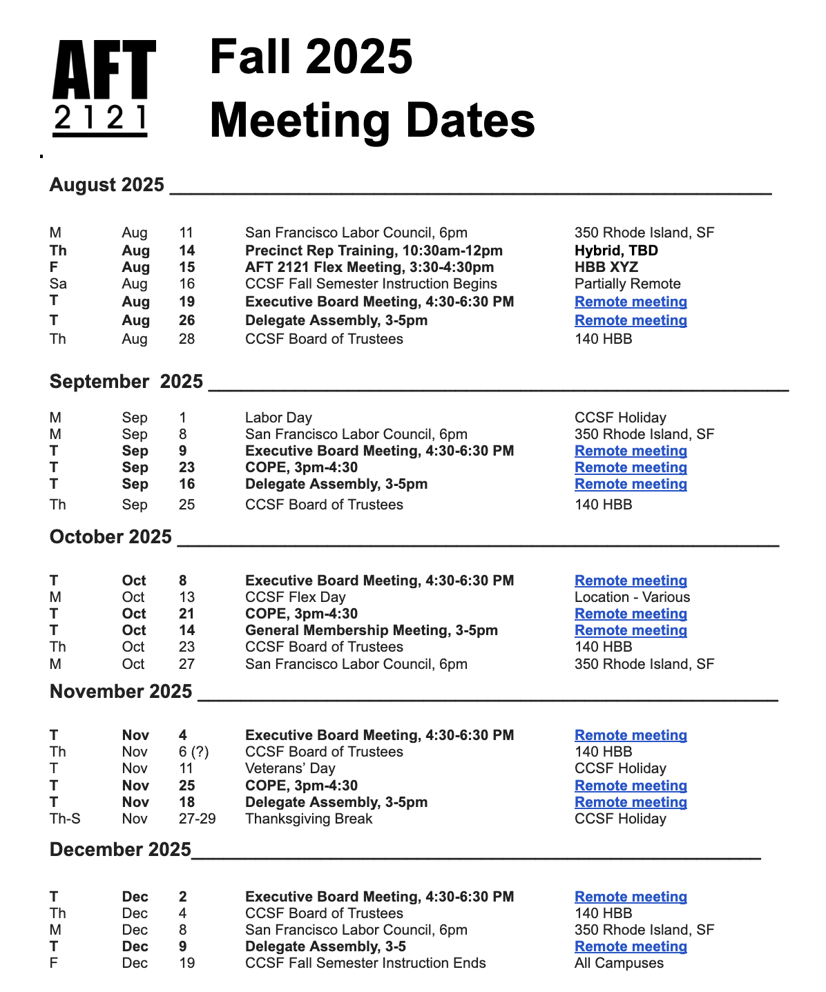 Tech Reporting Form | Aft 2121 intended for Ccsf August 2025 Calendar