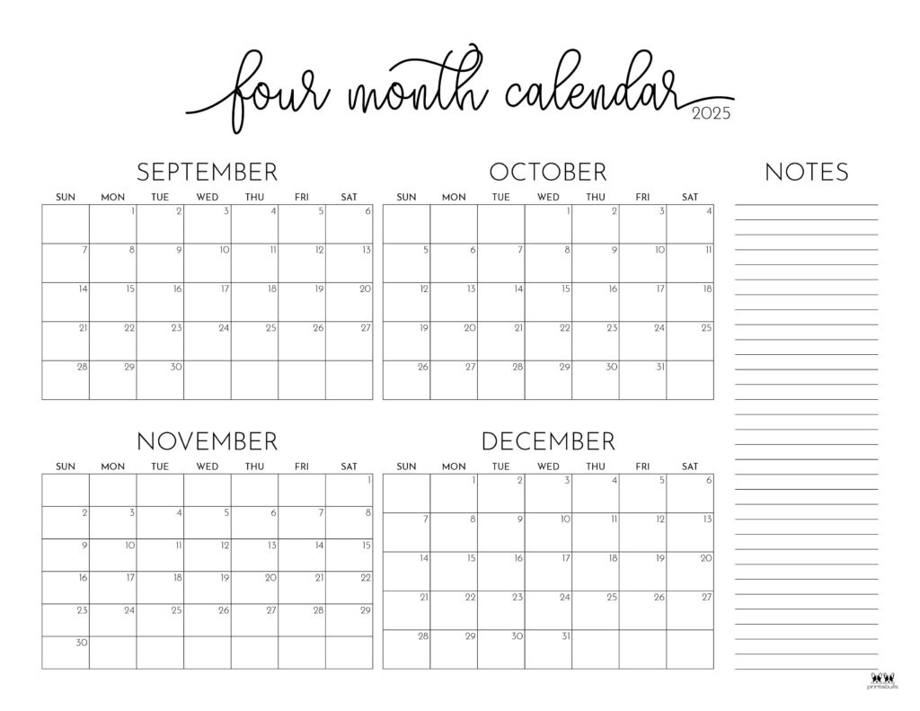 2025 Four Month Calendars - 31 Free Printables | Printabulls with regard to Calendar June July August September October 2025