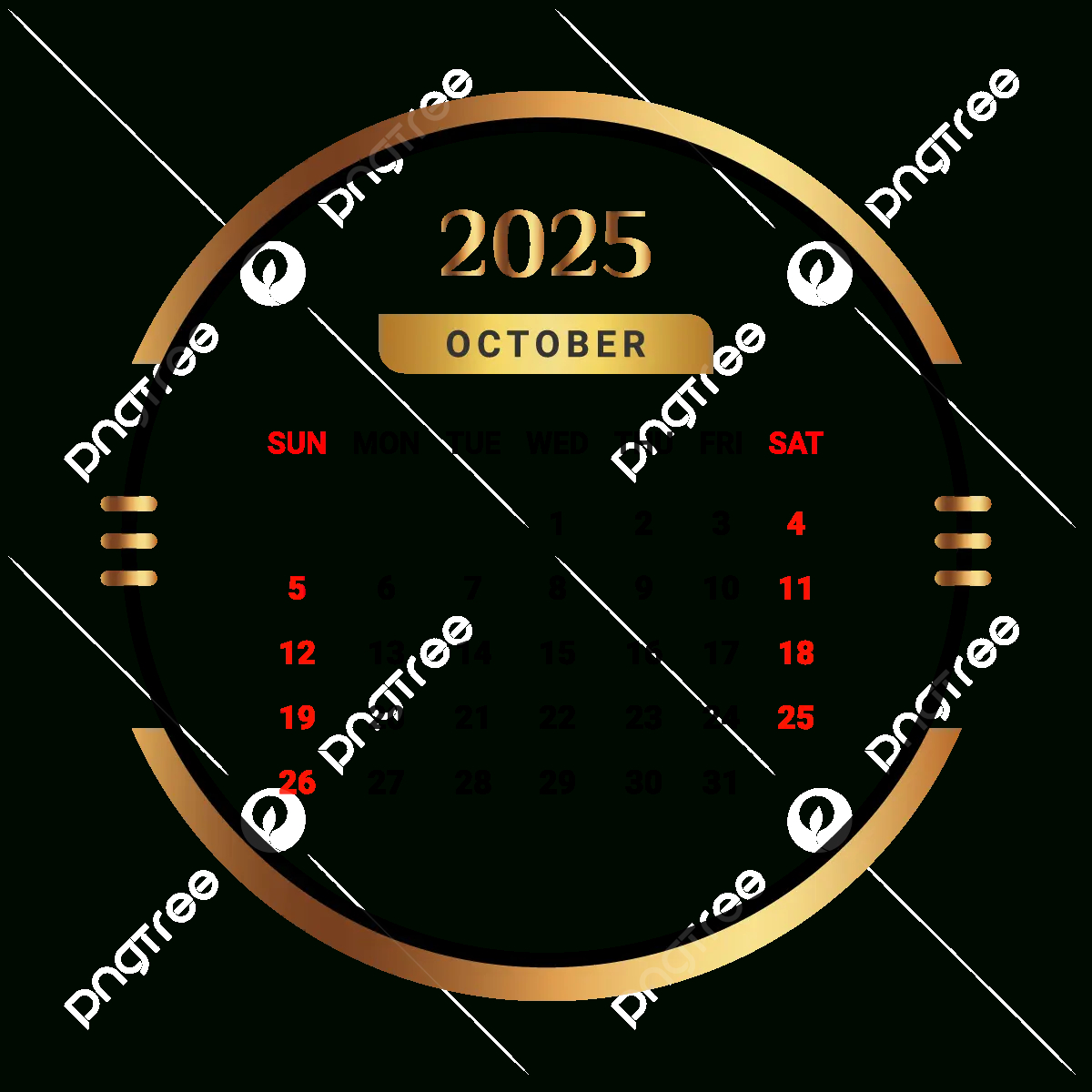2025 October Month Calendar With Golden And Black Vector, Monthly throughout October 2025 Calendar Png