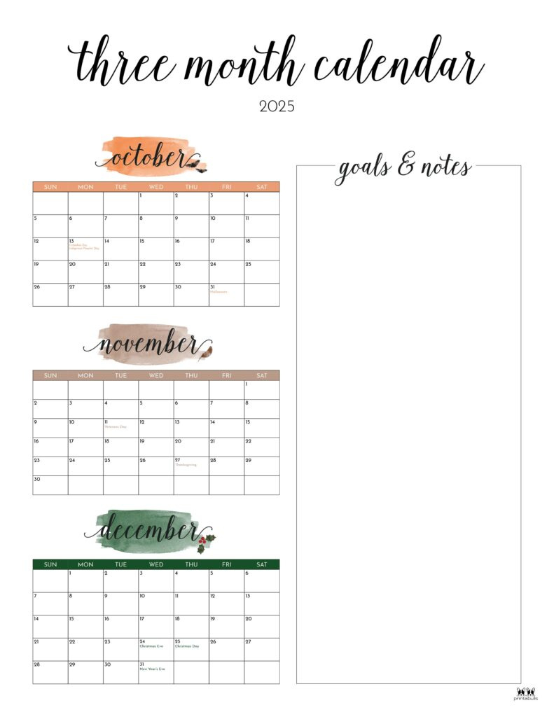 2025 Three Month/Quarterly Calendars - 36 Free Cals | Printabulls with regard to Printable 3 Month Calendar October November December 2025