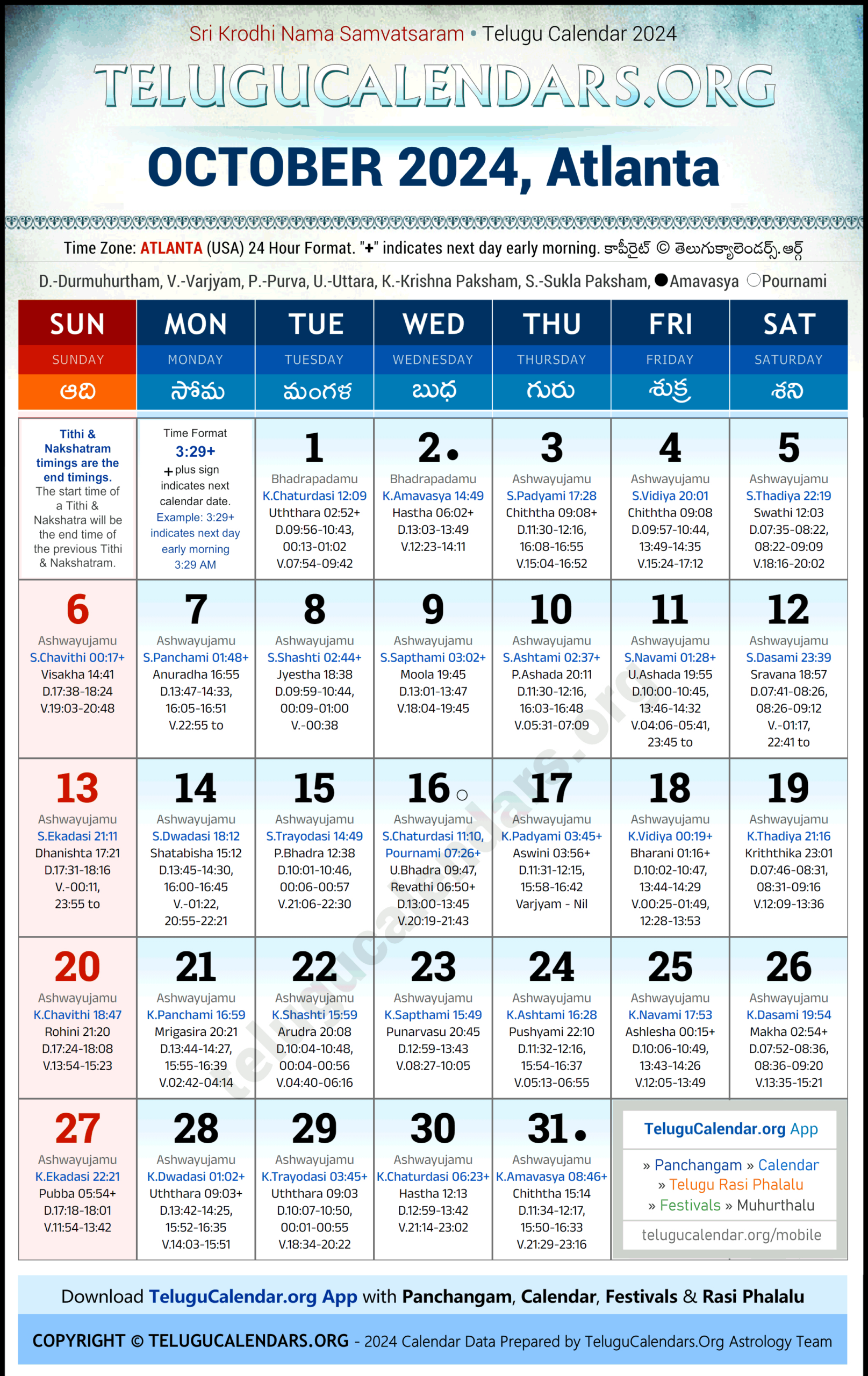 Atlanta 2024 October Telugu Calendar Festivals &amp;amp; Holidays In with Atlanta Telugu Calendar 2025 October