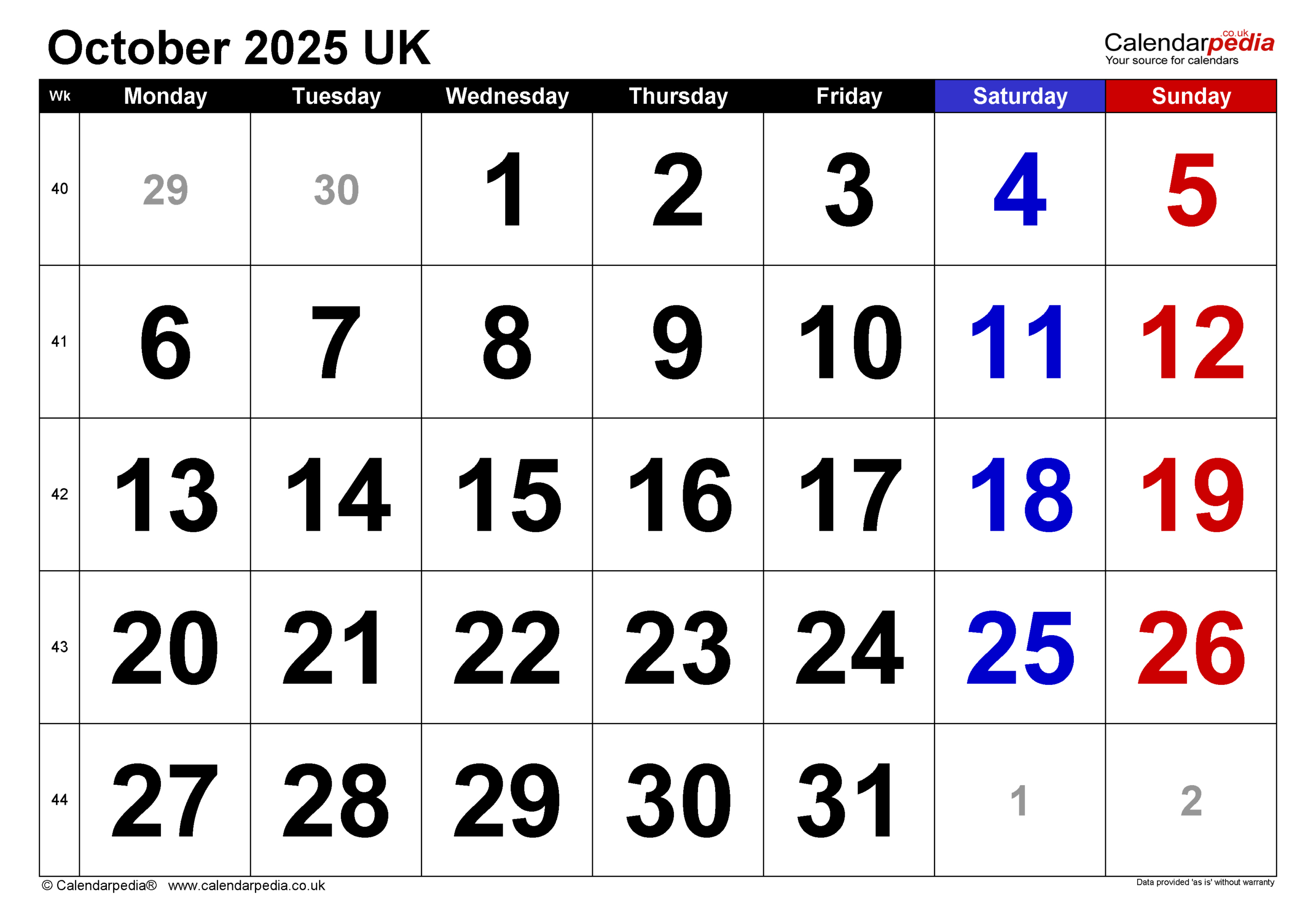 Calendar October 2025 Uk With Pdf, Excel And Word Templates for Month of October 2025 Calendar