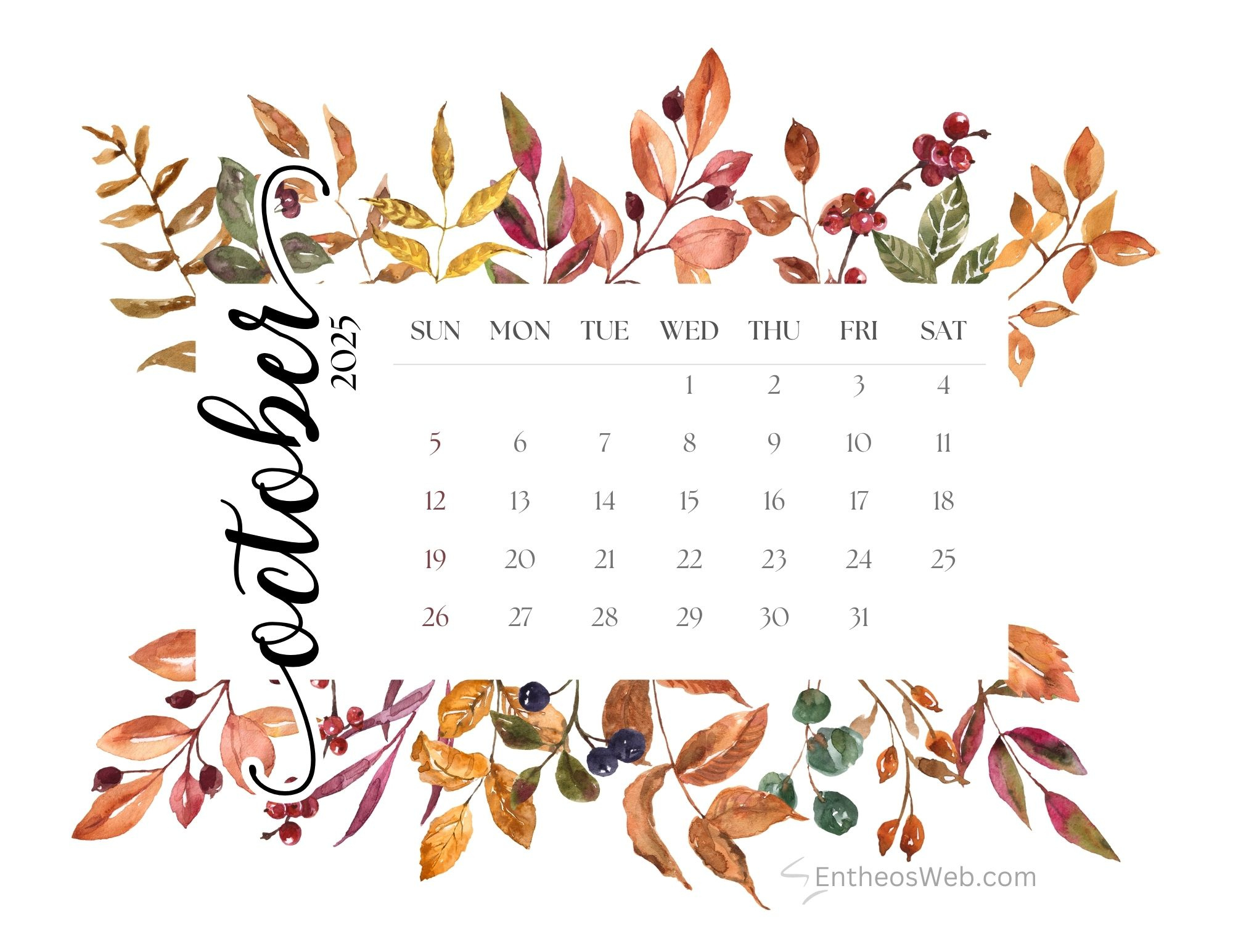 Free October 2025 Monthly Printable Calendars | Entheosweb intended for October 2025 Calendar Background