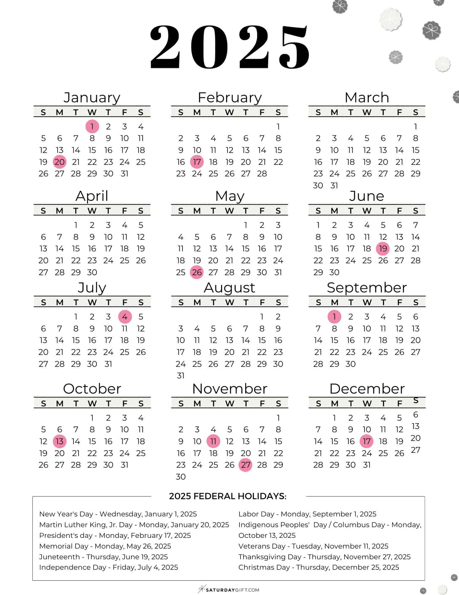 List Of Federal Holidays 2025 In The U.s. | Saturdaygift for National Holiday in October 2025