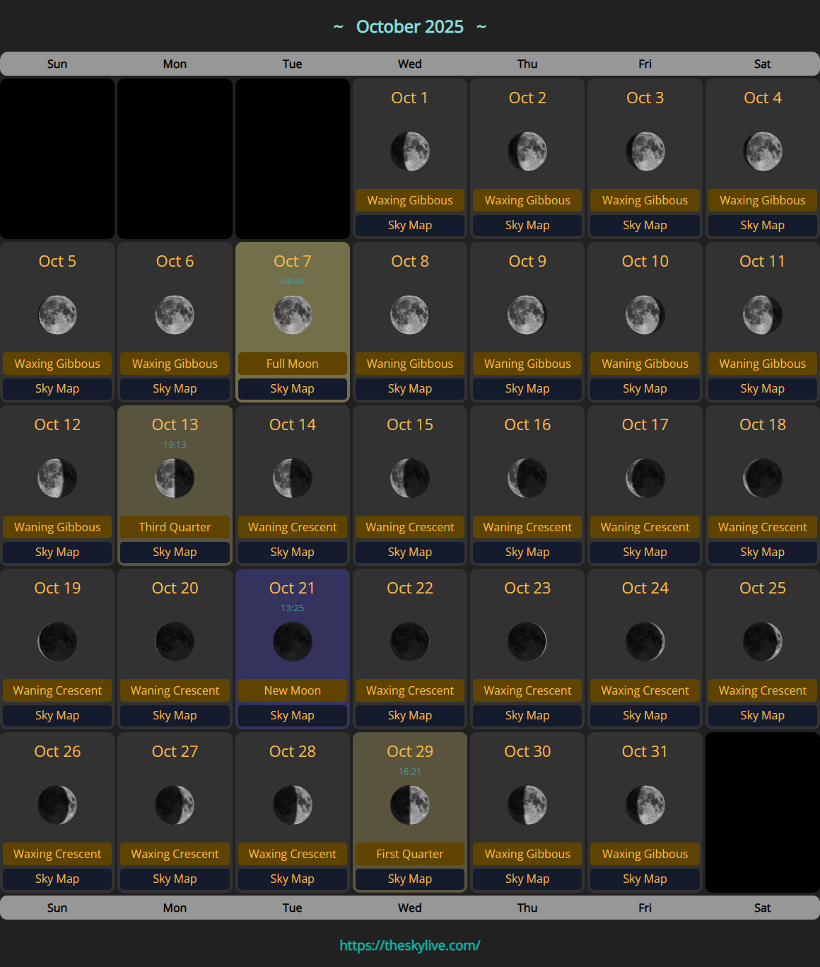 Moon Calendar: October 2025 | Theskylive pertaining to Moon Calendar For October 2025
