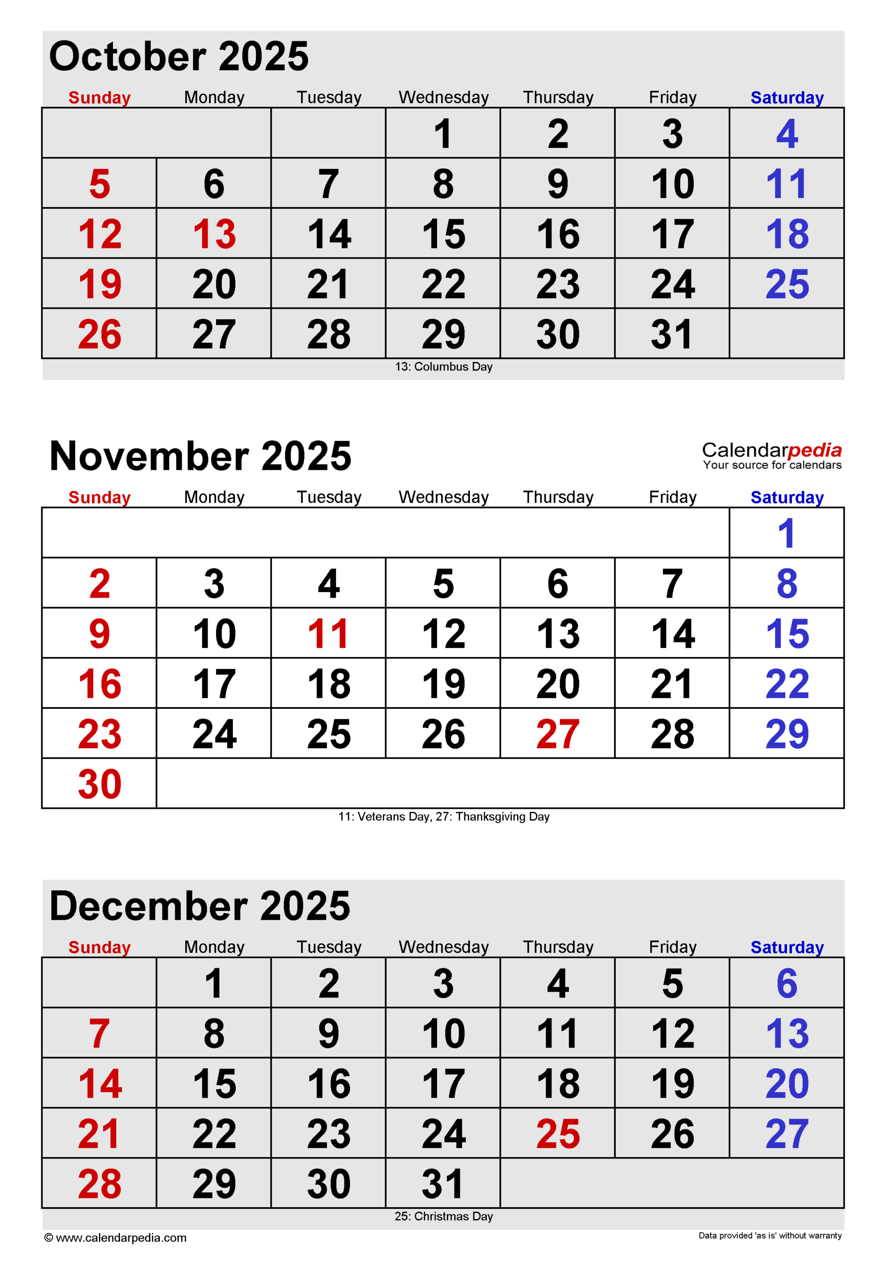 November 2025 Calendar | Templates For Pdf, Excel And Word with regard to October November December 2025 Calendar