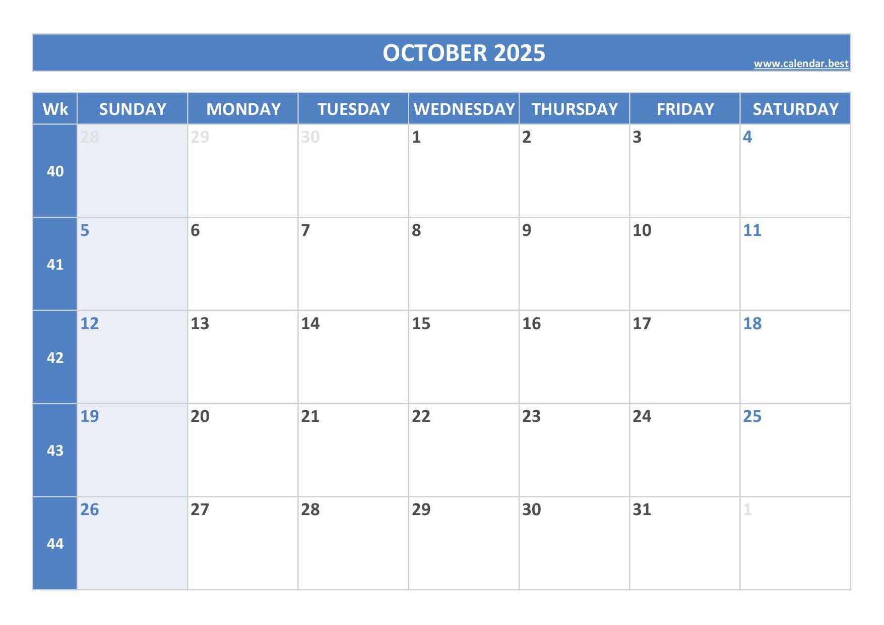October 2025 Calendar -Calendar.best in Month Of October Calendar 2025 Template
