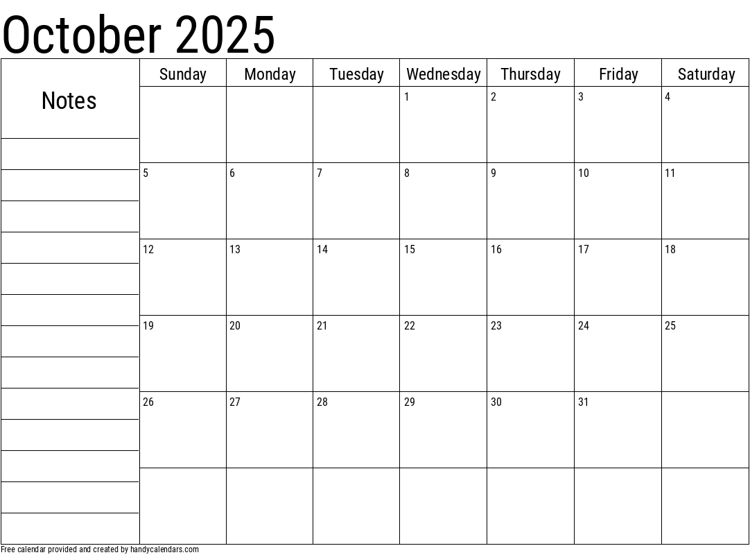 October 2025 Calendar With Notes - Handy Calendars throughout October 2025 Calendar With Notes