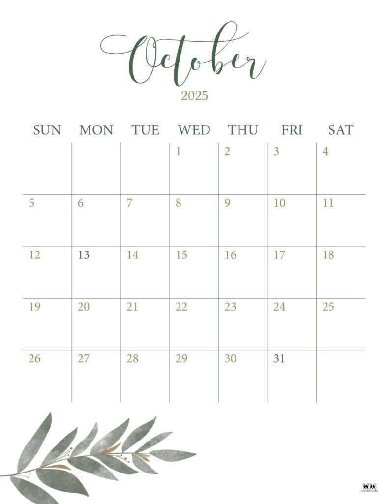 October 2025 Calendars - 107 Free Printables | Printabulls in October 2025 Calendar Printable Portrait