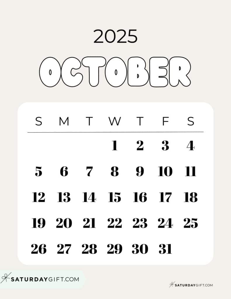 October 2025 Calendars - 23 Cute Free Printable Pdfs | Saturdaygift inside October Calendar 2025 Page Printable