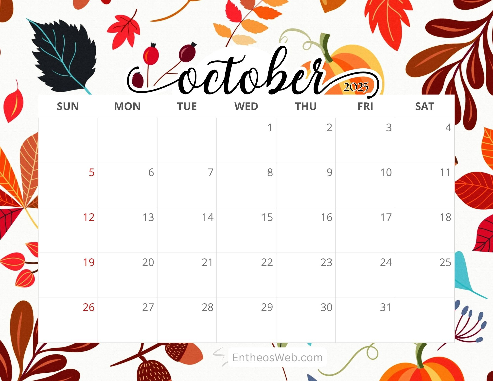 October 2025 Free Monthly Printable Calendars | Entheosweb with Printable Calendar of October 2025