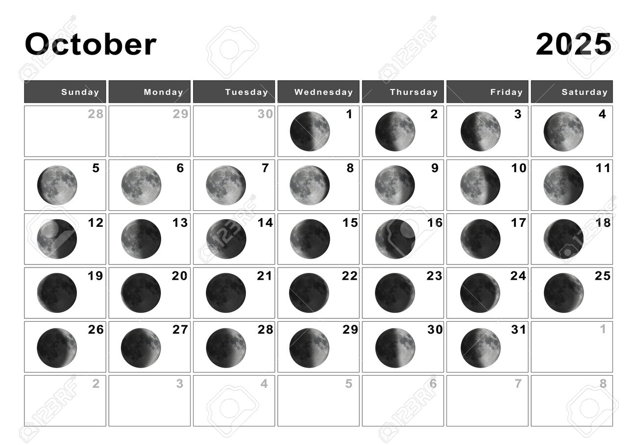 October 2025 Lunar Calendar, Moon Cycles, Moon Phases Stock Photo with Lunar Calendar October 2025
